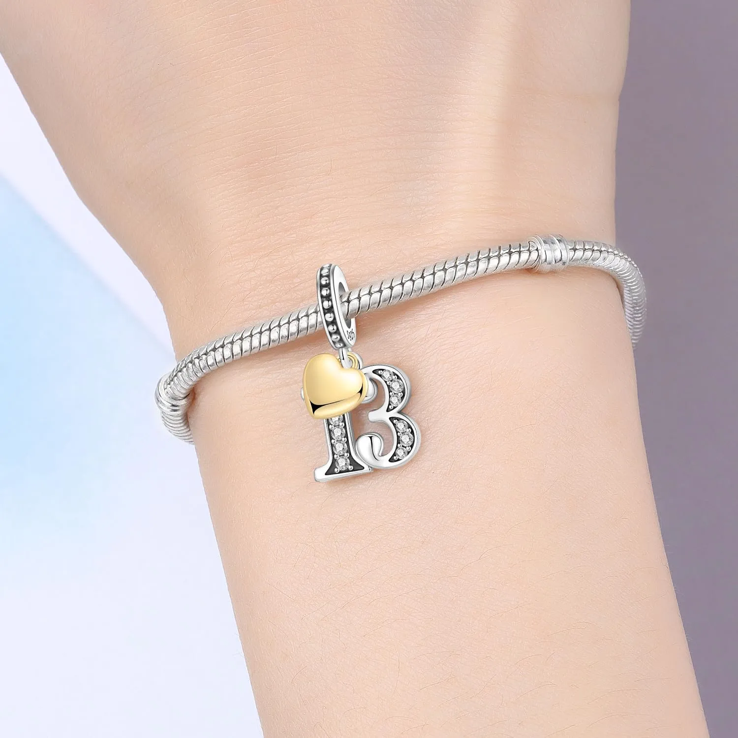 PANPOKI Ciondoli Numerici Argento 925 con Cuore Placcato Oro 18K e Zirconi - Numeri 10 13 15 16 18 20 21 25 30 40 50 60 - immagine 5