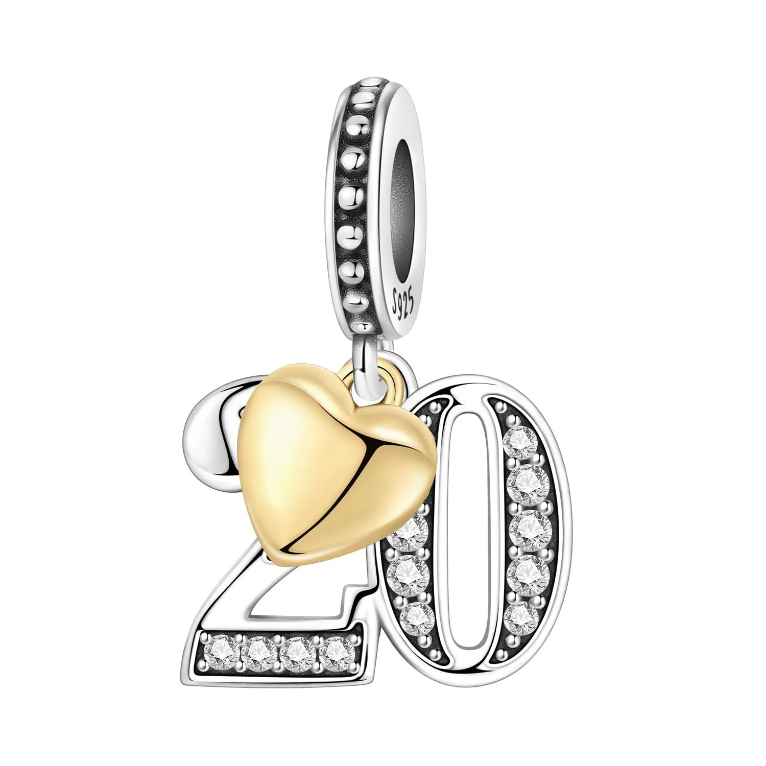 PANPOKI Ciondoli Numerici in Argento 925 con Cuore Placcato Oro 18K e Zirconi - Numeri 10 13 15 16 18 20 21 25 30 40 50 60 - immagine 1