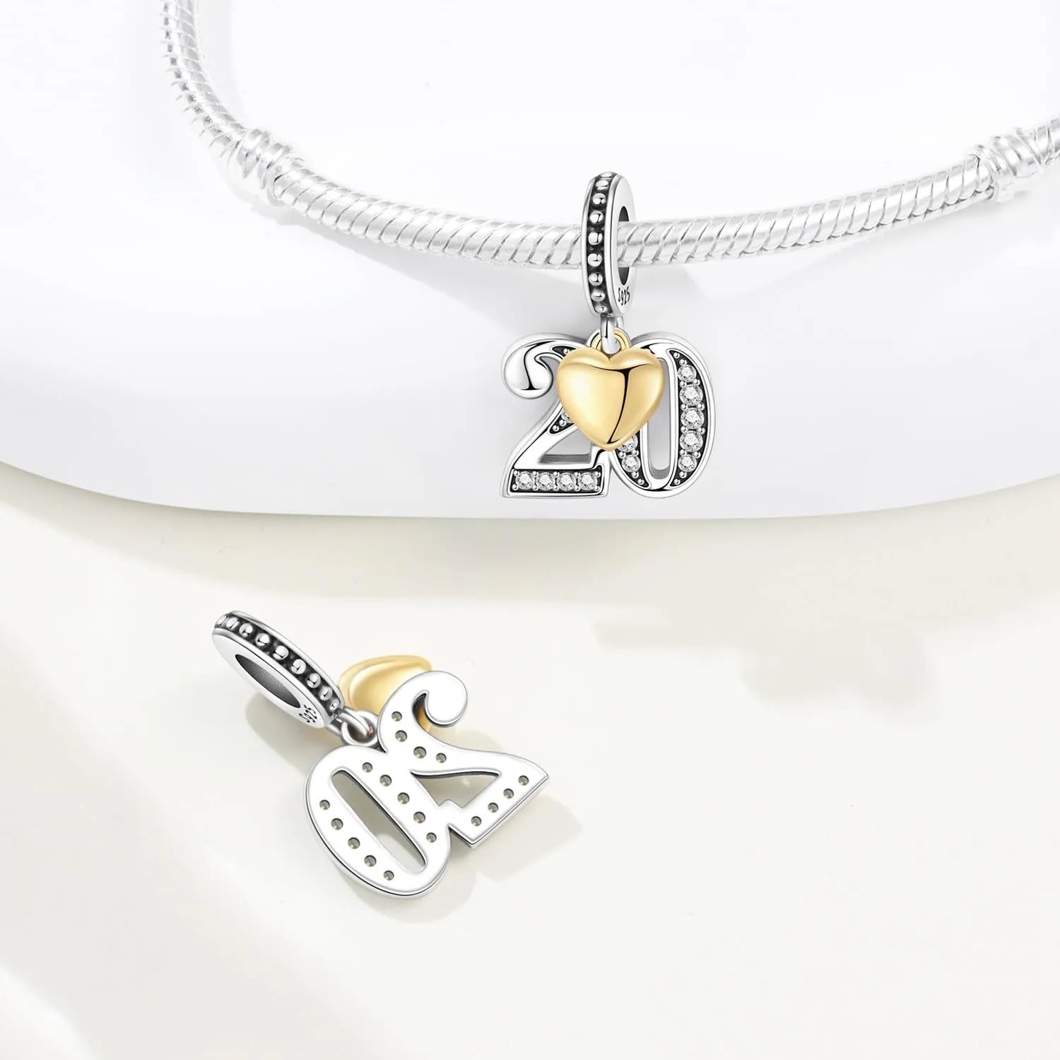 PANPOKI Ciondoli Numerici in Argento 925 con Cuore Placcato Oro 18K e Zirconi - Numeri 10 13 15 16 18 20 21 25 30 40 50 60 - immagine 2