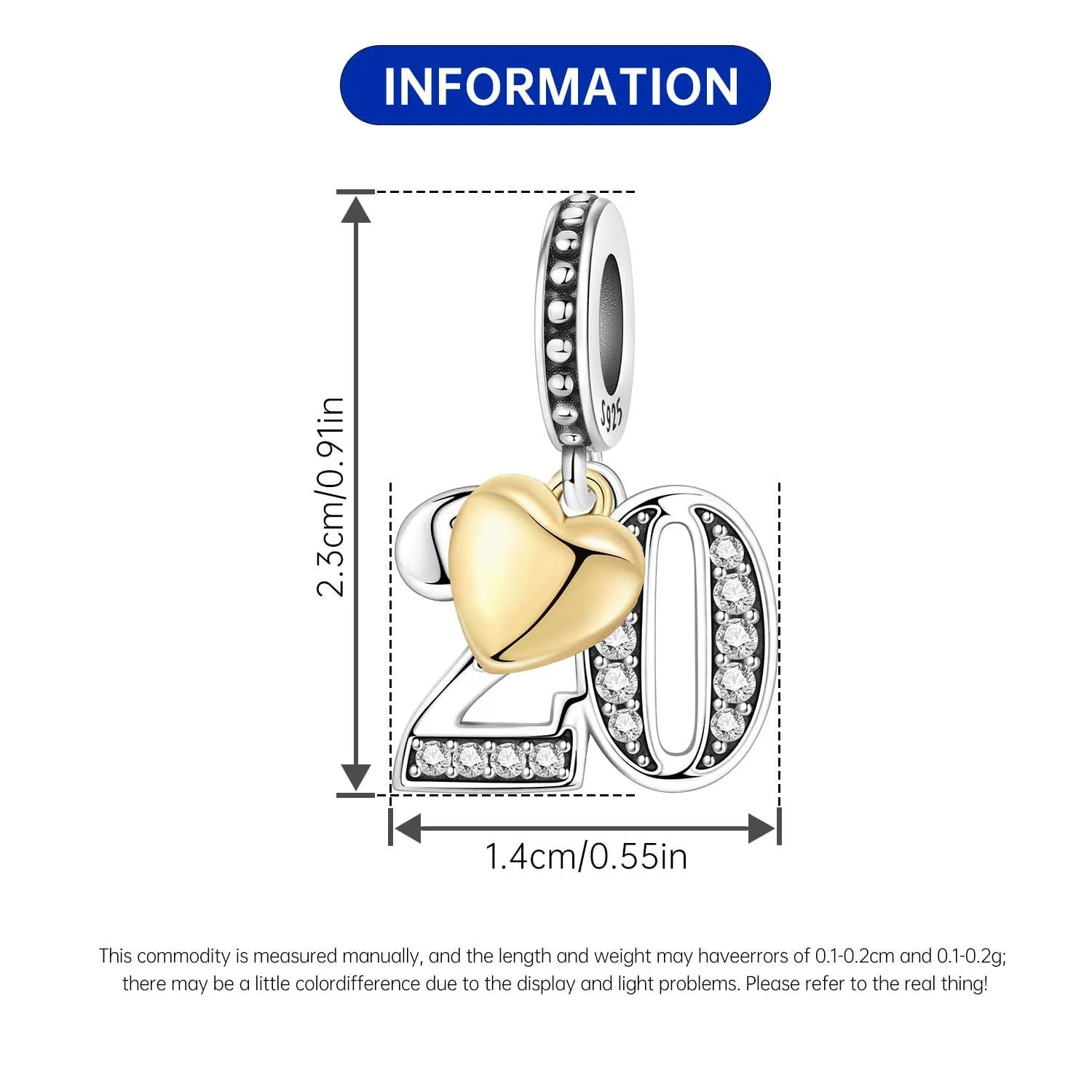 PANPOKI Ciondoli Numerici in Argento 925 con Cuore Placcato Oro 18K e Zirconi - Numeri 10 13 15 16 18 20 21 25 30 40 50 60 - immagine 4