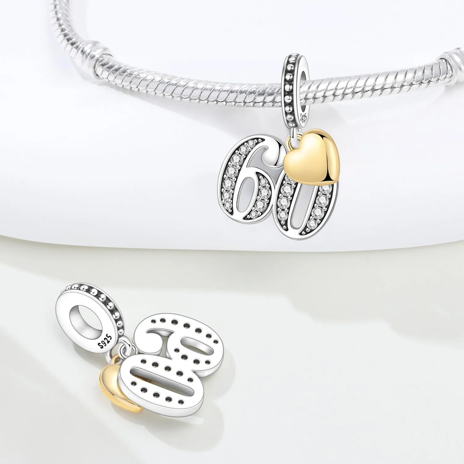 PANPOKI Ciondoli Numerici in Argento 925 con Cuore Placcato Oro 18K e Zirconi (Numeri 10 13 15 16 18 20 21 25 30 40 50 60) - immagine 2