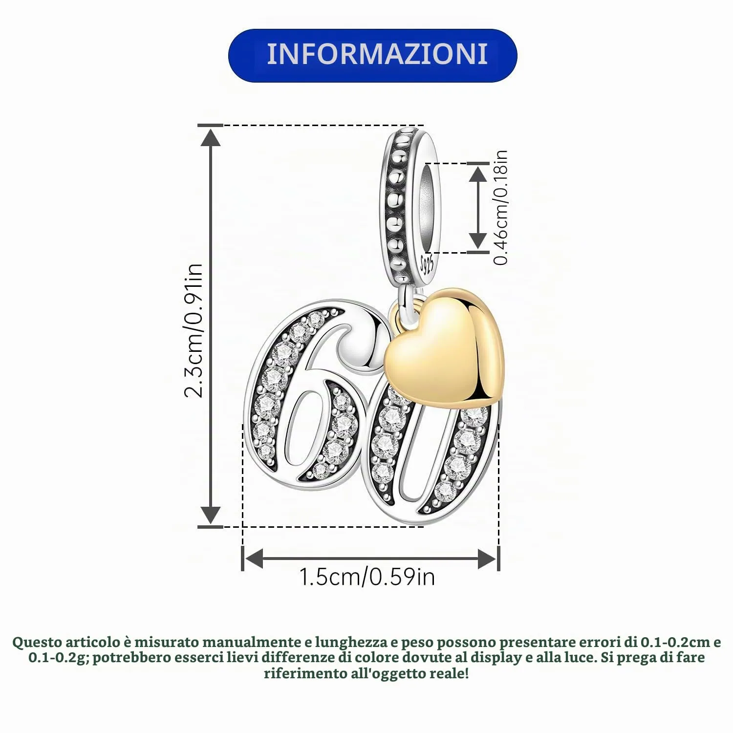 PANPOKI Ciondoli Numerici in Argento 925 con Cuore Placcato Oro 18K e Zirconi (Numeri 10 13 15 16 18 20 21 25 30 40 50 60) - immagine 4