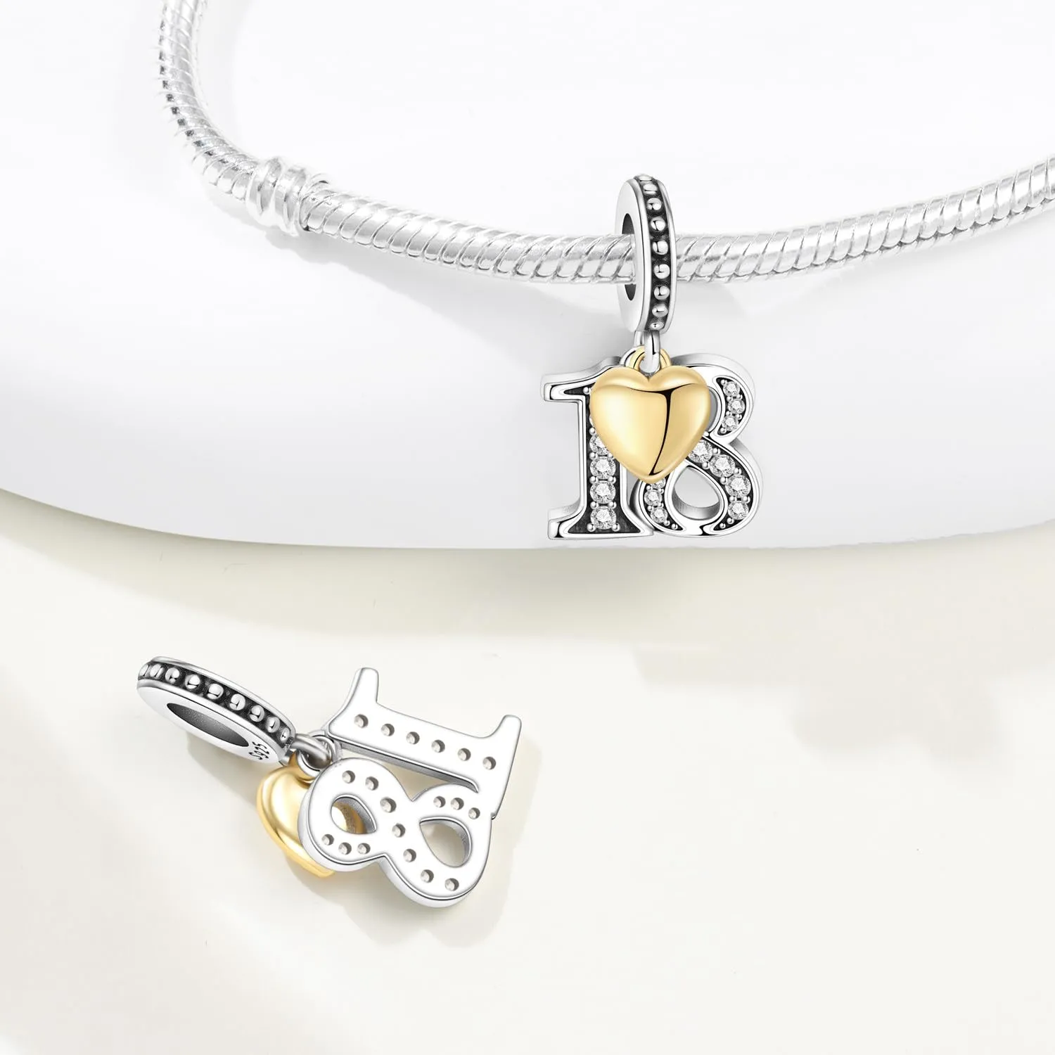 PANPOKI Ciondoli Numerici in Argento 925 con Cuore Placcato Oro 18K e Zirconi - immagine 2