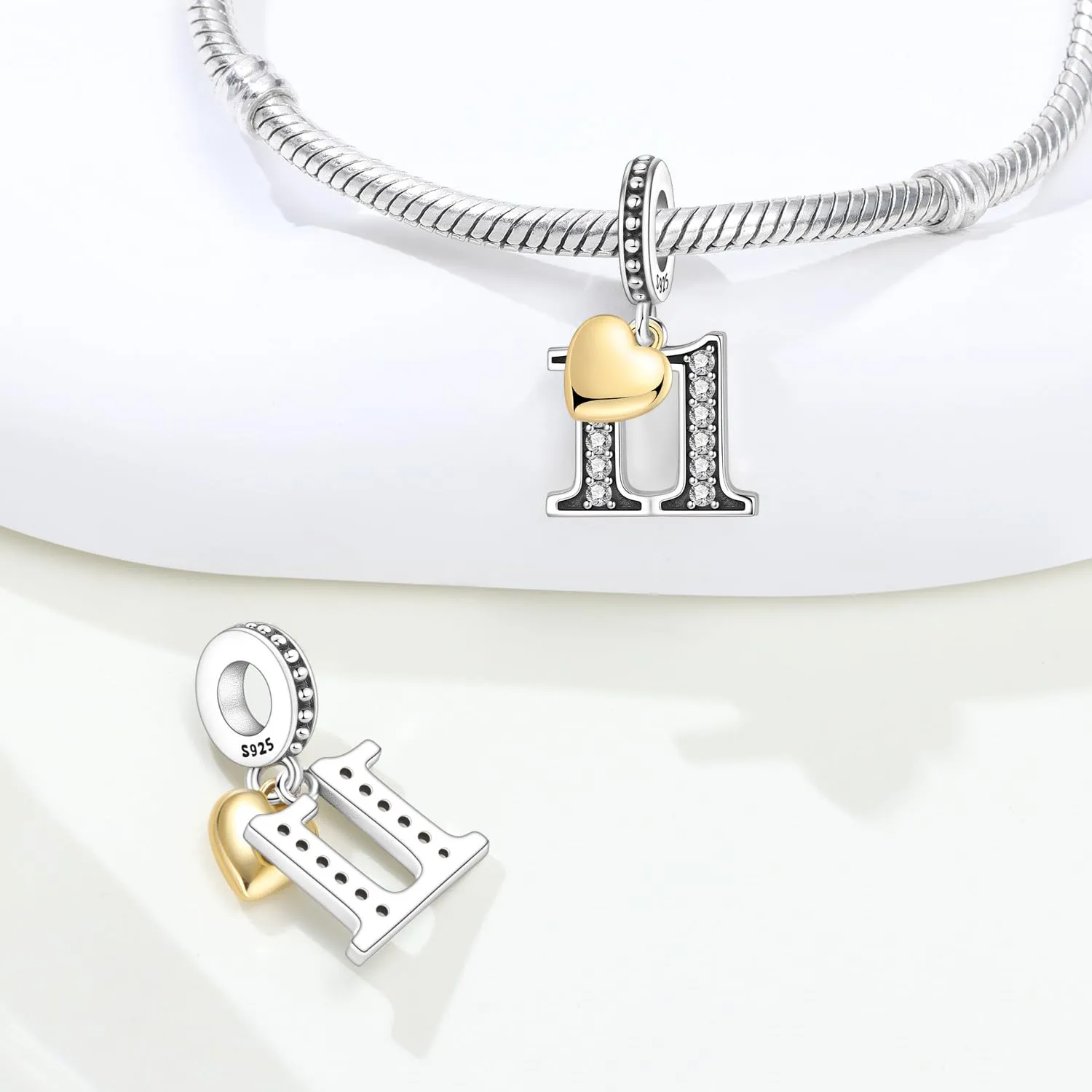 PANPOKI Ciondolo a forma di numero in argento Sterling 925 con zircone e cuore placcato oro 18 carati - immagine 2