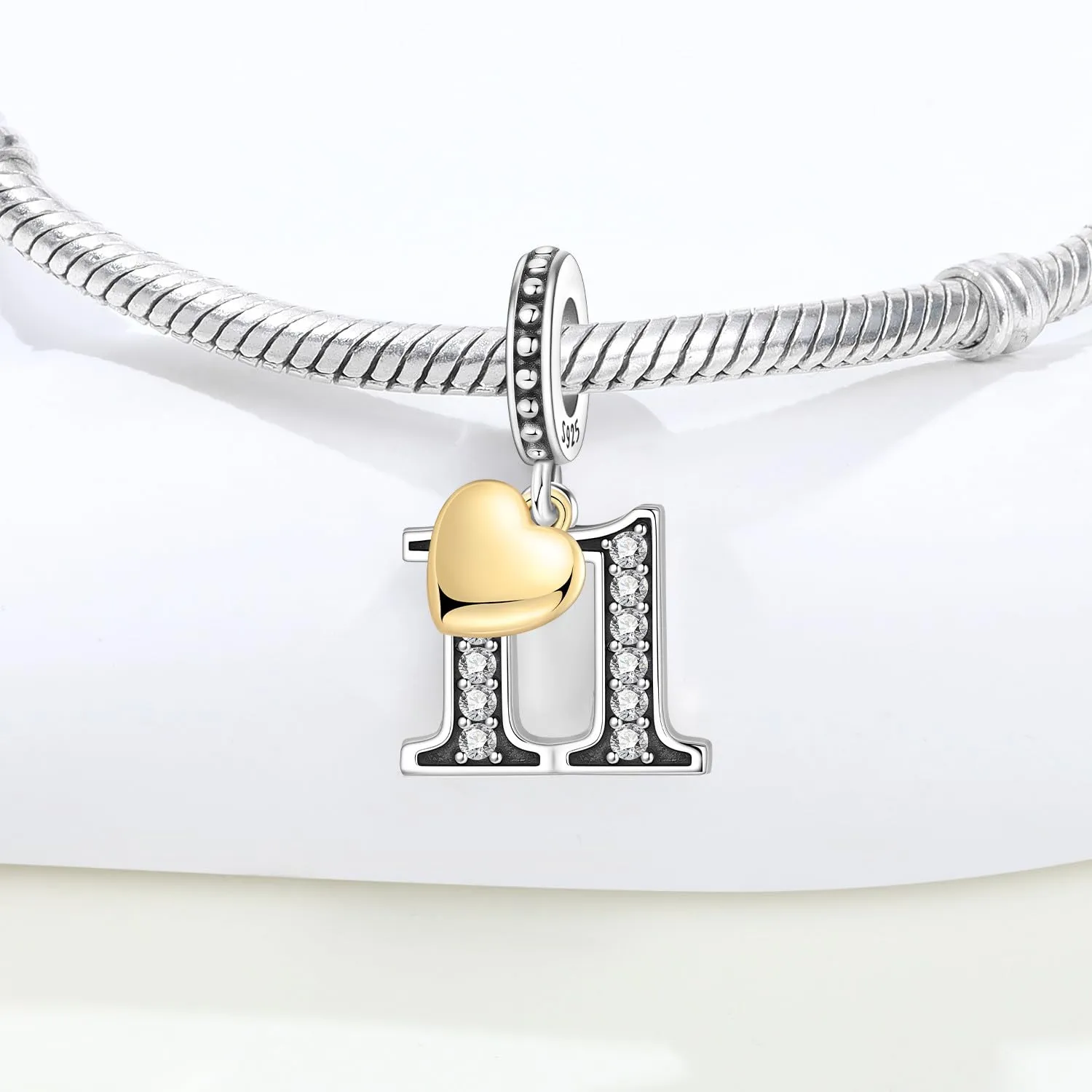 PANPOKI Ciondolo a forma di numero in argento Sterling 925 con zircone e cuore placcato oro 18 carati - immagine 3