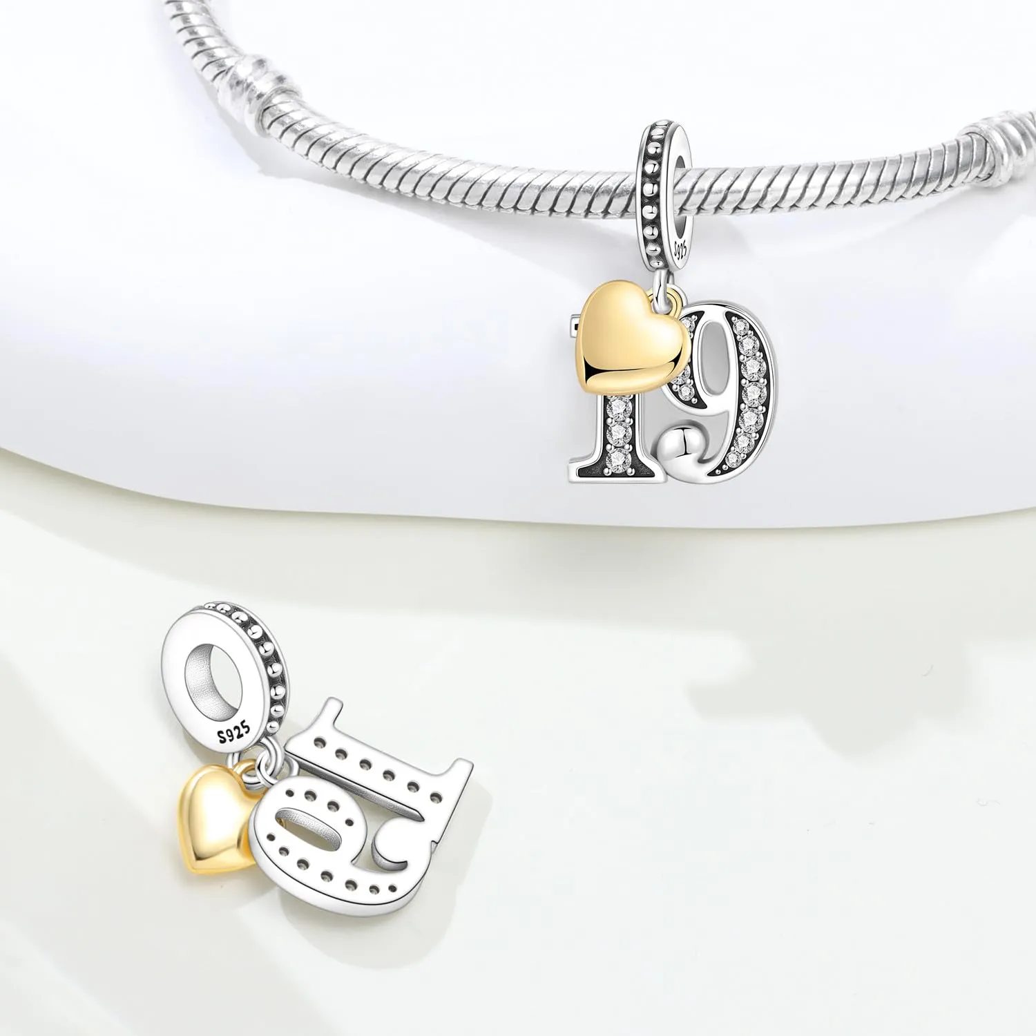 PANPOKI Ciondolo numero in argento Sterling 925 con zirconia cubica e cuore placcato oro 18 carati per braccialetti e collane - immagine 2