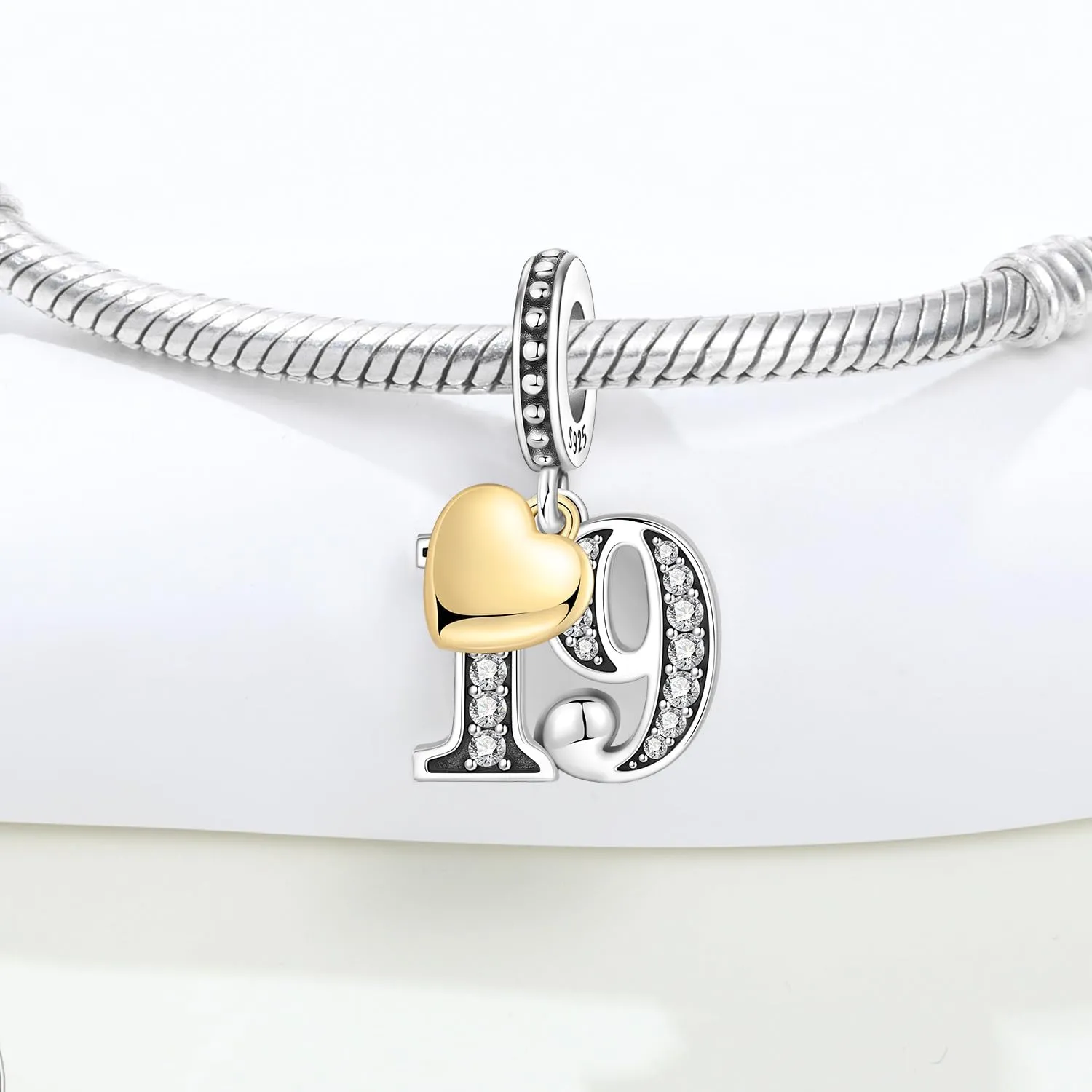 PANPOKI Ciondolo numero in argento Sterling 925 con zirconia cubica e cuore placcato oro 18 carati per braccialetti e collane - immagine 3