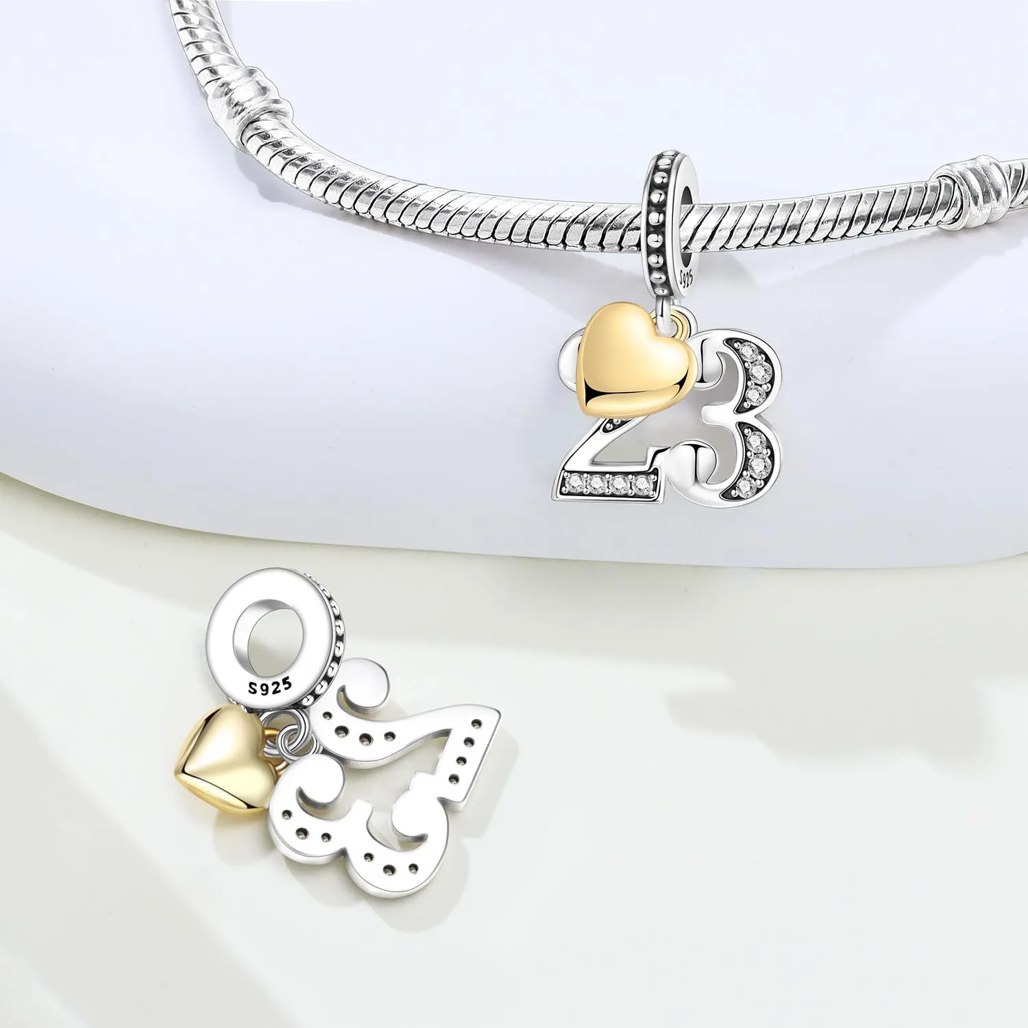 PANPOKI Ciondolo a forma di numero in argento Sterling 925 con zirconia cubica e cuore placcato oro 18 carati per braccialetti e collane - immagine 2
