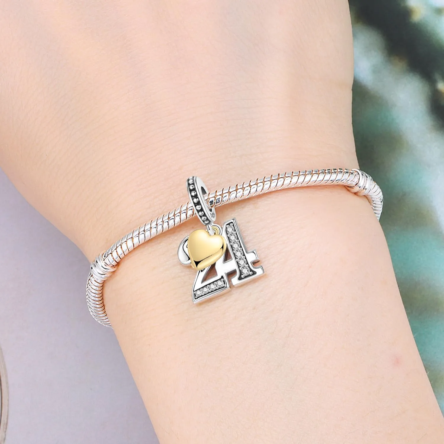 PANPOKI Ciondolo numero in argento Sterling 925, zirconia cubica e cuore placcato oro 18k per braccialetti e collane - immagine 5