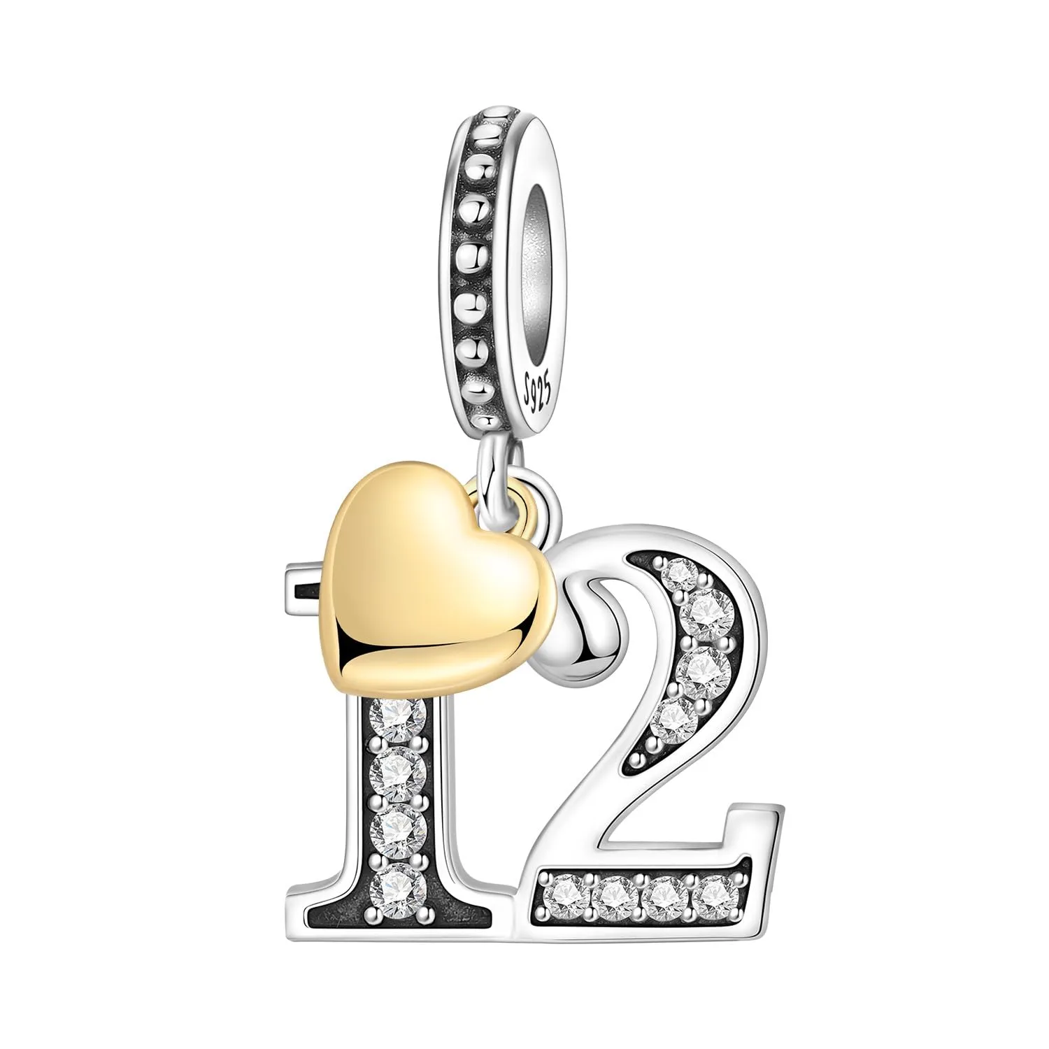 PANPOKI Ciondolo a forma di numero in argento Sterling 925, Zircone e Cuore placcato oro 18k per bracciale e collana - immagine 1