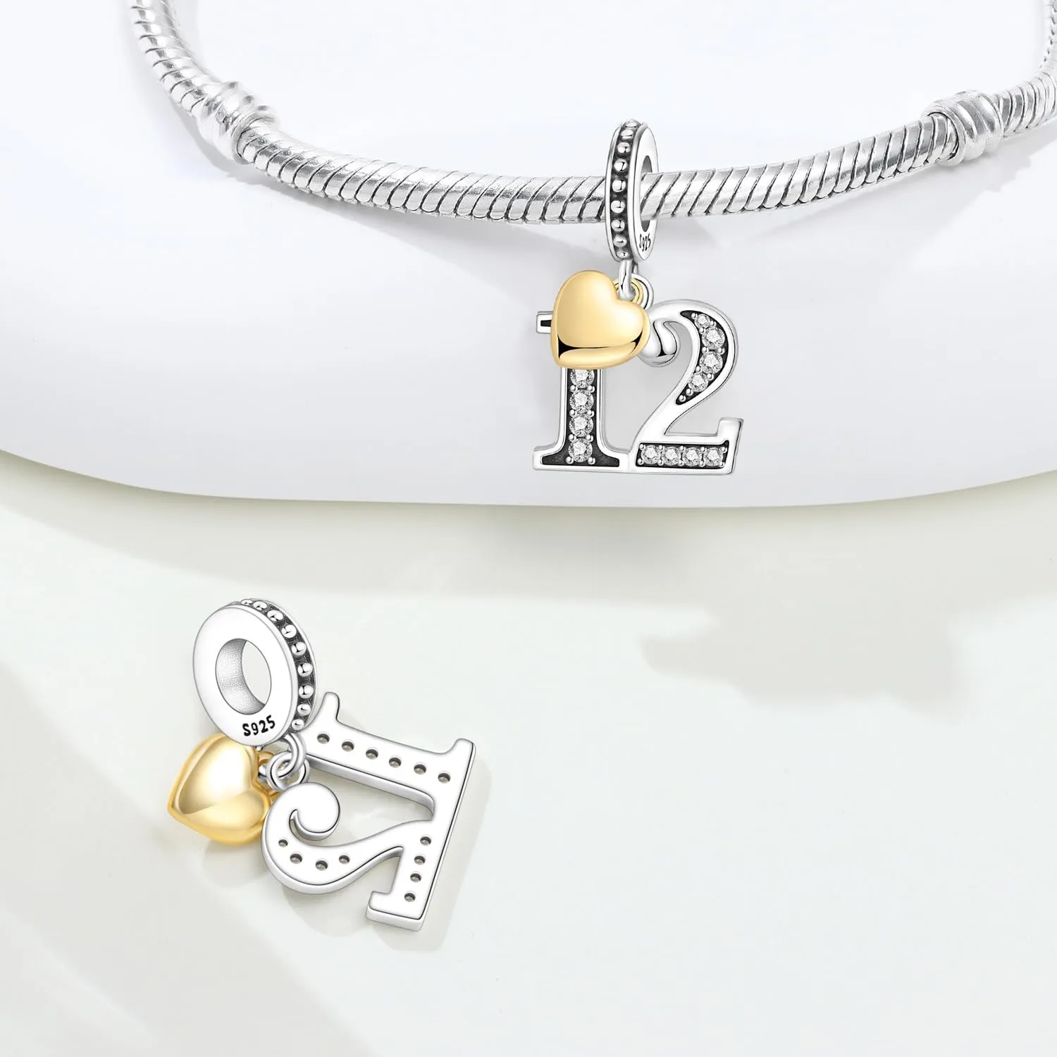 PANPOKI Ciondolo a forma di numero in argento Sterling 925, Zircone e Cuore placcato oro 18k per bracciale e collana - immagine 2