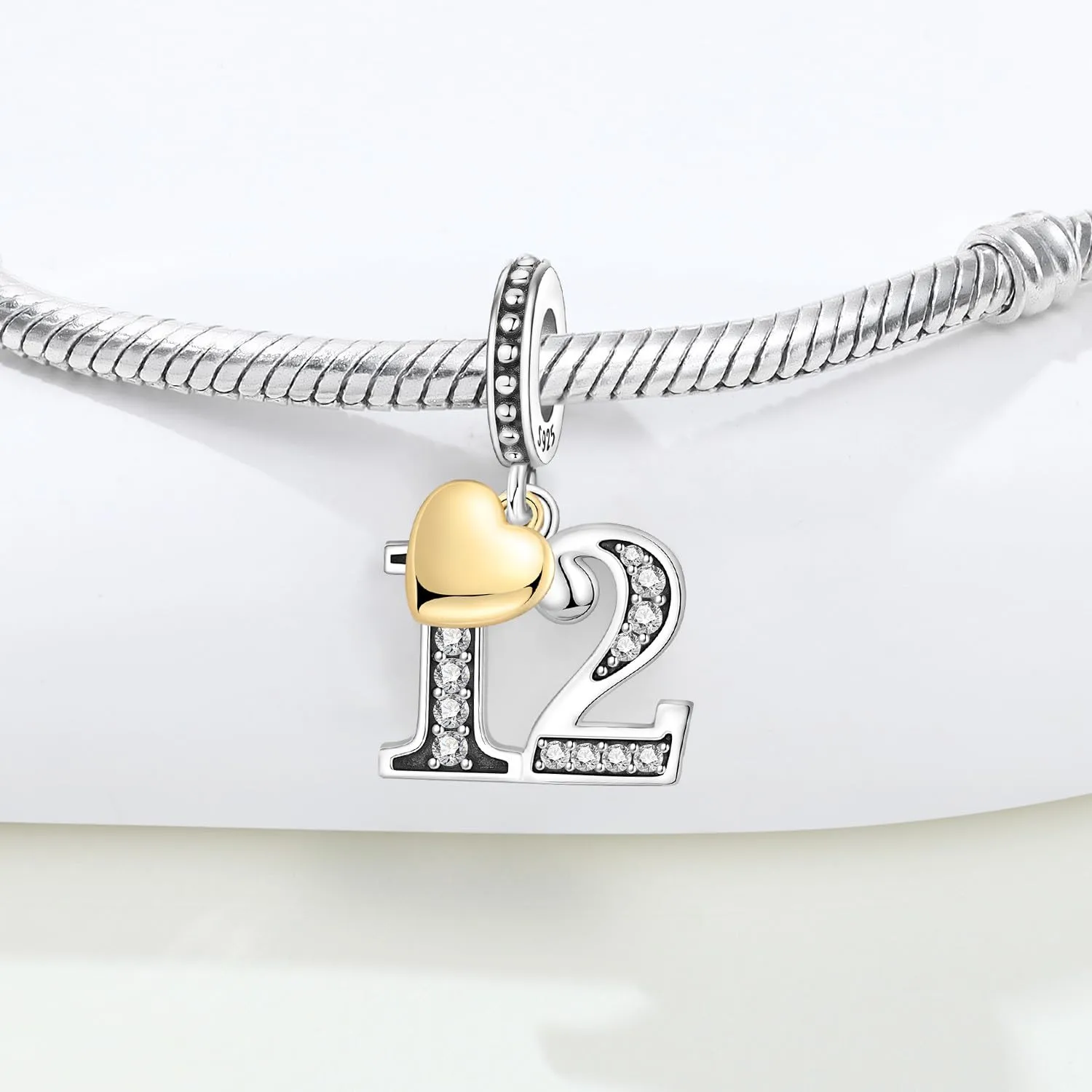 PANPOKI Ciondolo a forma di numero in argento Sterling 925, Zircone e Cuore placcato oro 18k per bracciale e collana - immagine 3