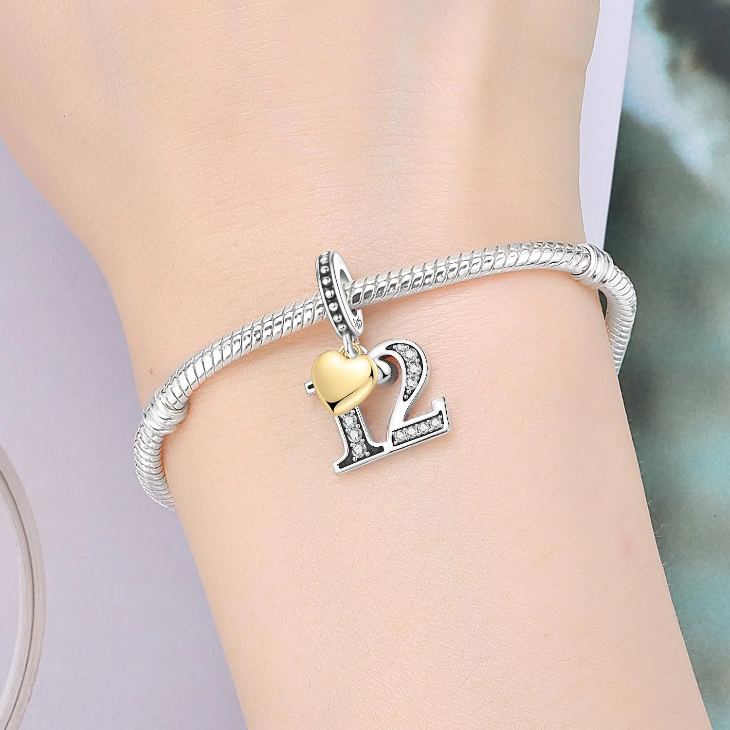 PANPOKI Ciondolo a forma di numero in argento Sterling 925, Zircone e Cuore placcato oro 18k per bracciale e collana - immagine 5