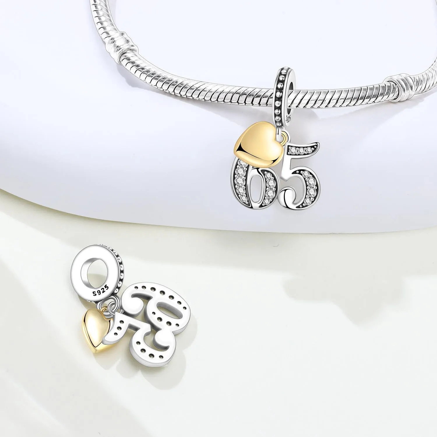 PANPOKI Ciondolo a forma di numero in argento Sterling 925 con zirconia cubica e cuore placcato oro 18 carati per braccialetti e collane - immagine 2