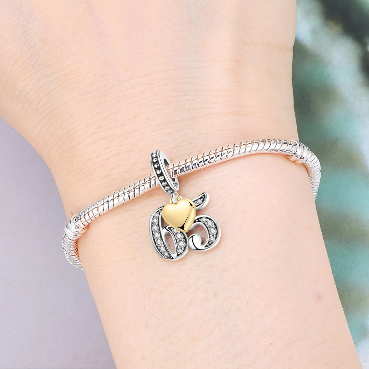 PANPOKI Ciondolo a forma di numero in argento Sterling 925 con zirconia cubica e cuore placcato oro 18 carati per braccialetti e collane - immagine 5
