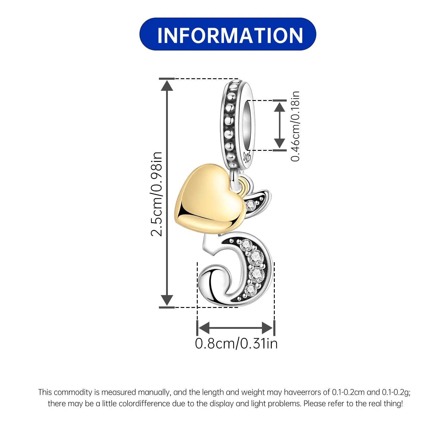 PANPOKI Ciondolo a forma di numero in Argento Sterling 925 con Zirconia Cubica e Cuore Placcato Oro 18K - immagine 4