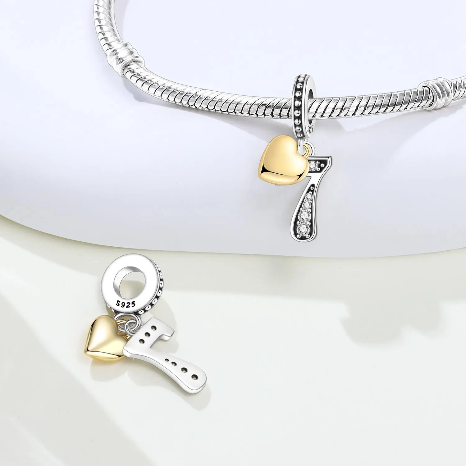PANPOKI Ciondolo a forma di numero in argento Sterling 925 con zirconia cubica e cuore placcato oro 18 carati per braccialetti e collane - immagine 2