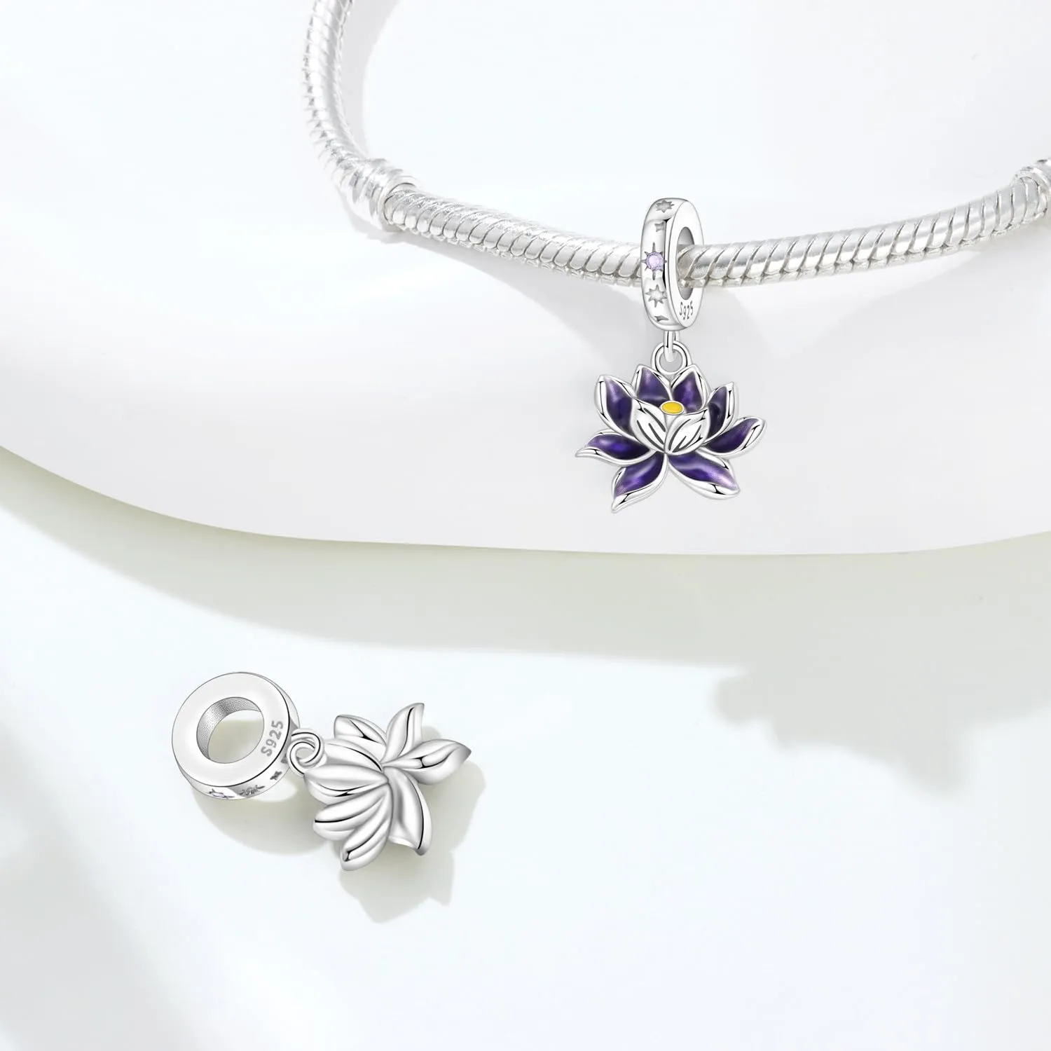 PANPOKI Charm in Argento Sterling 925 per Braccialetti e Collane Europei, Ciondolo a Forma di Ninfea Viola - immagine 2