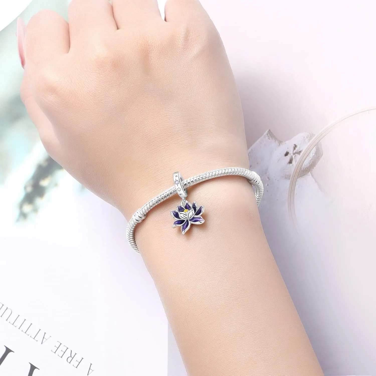 PANPOKI Charm in Argento Sterling 925 per Braccialetti e Collane Europei, Ciondolo a Forma di Ninfea Viola - immagine 5