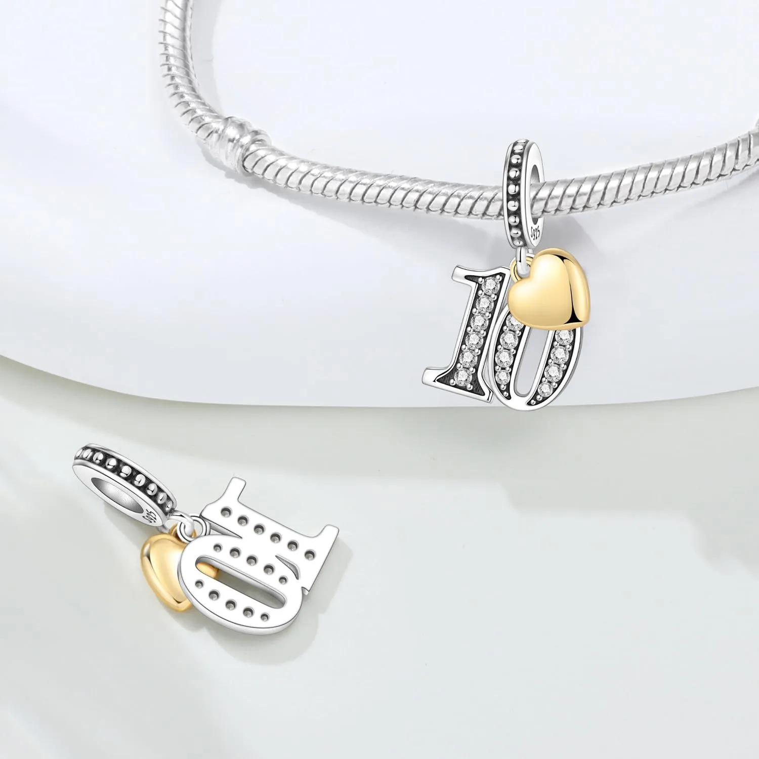 PANPOKI Ciondoli Numerici in Argento 925 con Cuore Placcato Oro 18K e Zirconi - immagine 2