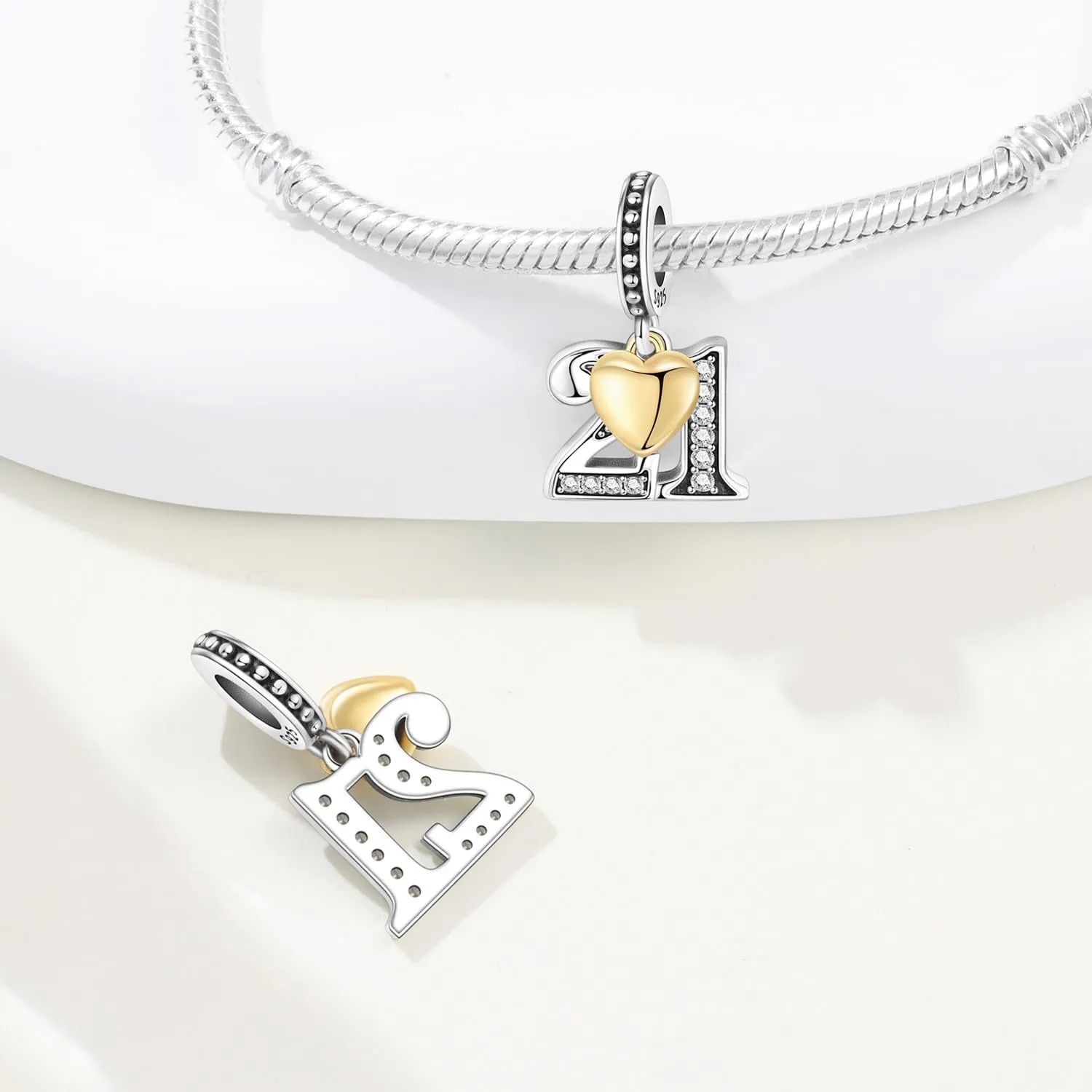 PANPOKI Ciondoli Numerici in Argento 925 con Cuore Placcato Oro 18K e Zirconi - immagine 2