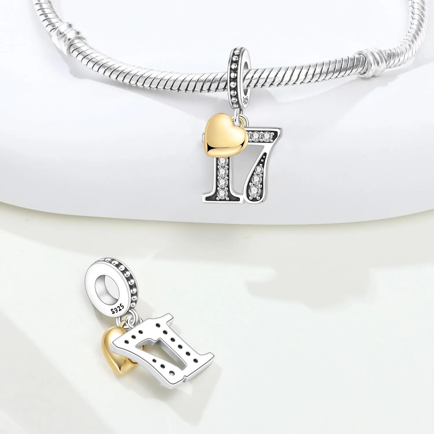 PANPOKI Ciondolo a forma di numero in argento Sterling 925 con zirconia cubica e cuore placcato oro 18 carati - immagine 2