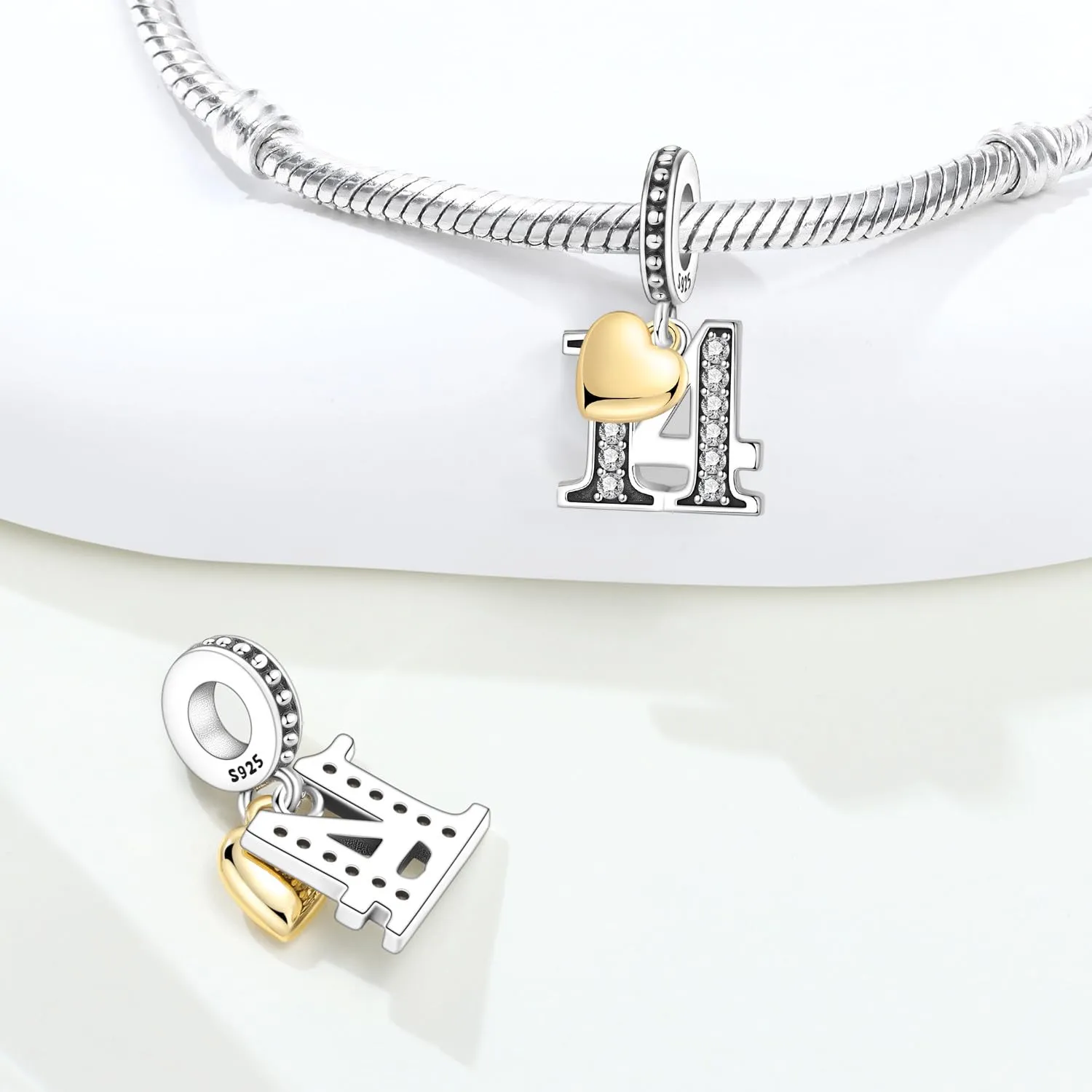 PANPOKI Ciondolo a forma di numero in argento Sterling 925 con zirconia cubica e cuore placcato oro 18 carati per braccialetti e collane - immagine 2