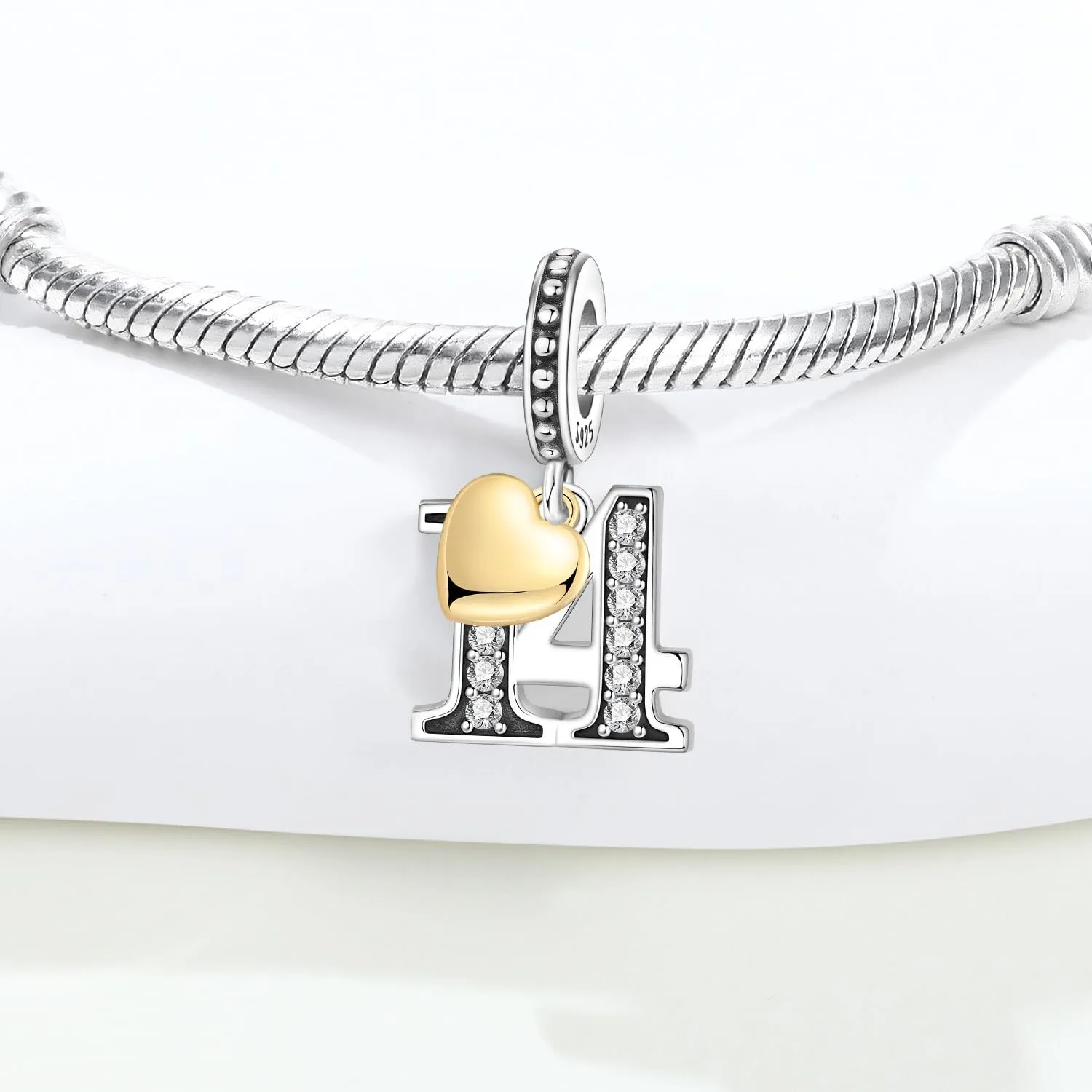PANPOKI Ciondolo a forma di numero in argento Sterling 925 con zirconia cubica e cuore placcato oro 18 carati per braccialetti e collane - immagine 3