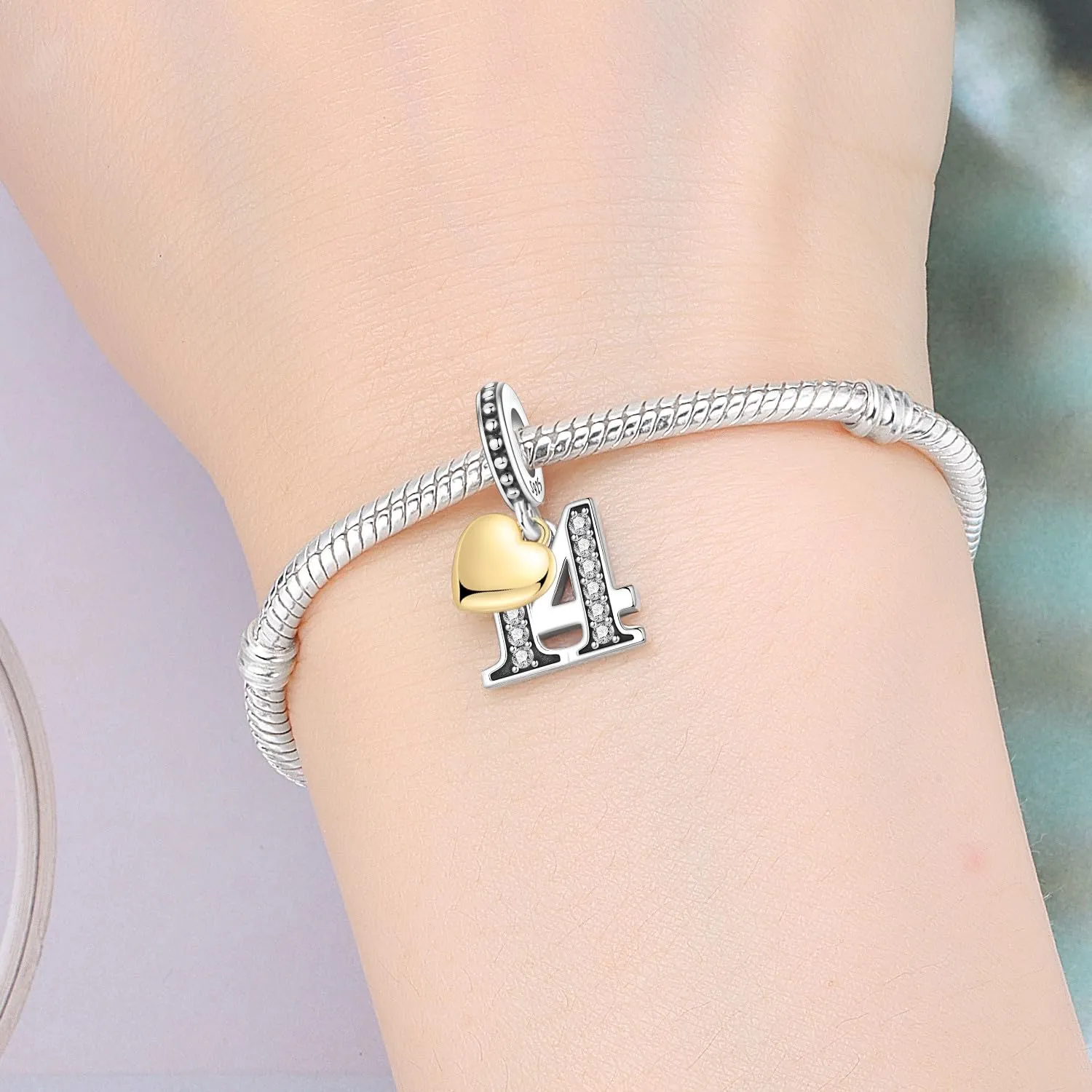 PANPOKI Ciondolo a forma di numero in argento Sterling 925 con zirconia cubica e cuore placcato oro 18 carati per braccialetti e collane - immagine 5