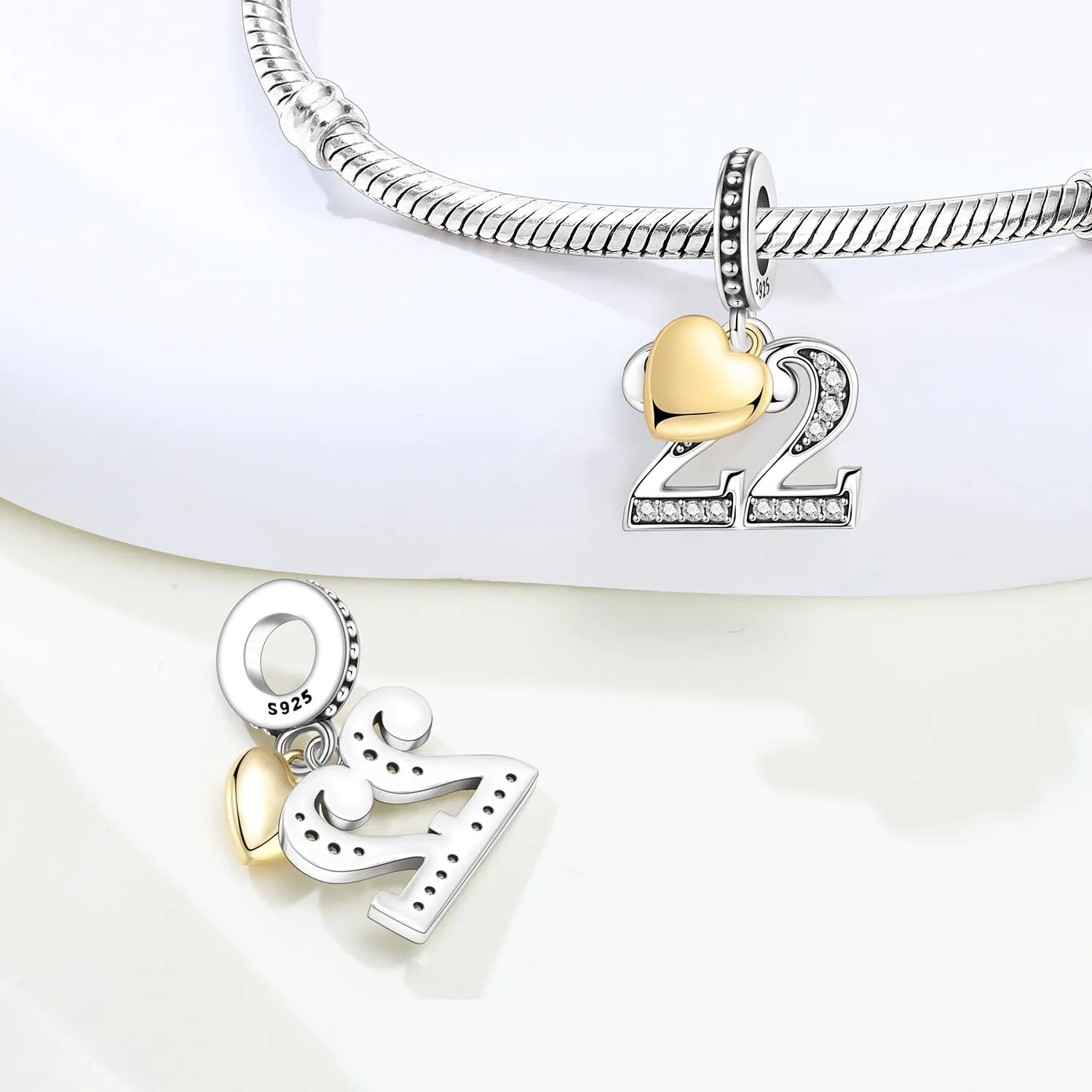 PANPOKI Ciondolo a forma di numero in Argento Sterling 925, Zirconia Cubica e Cuore Placcato Oro 18K per Braccialetti e Collane - immagine 2
