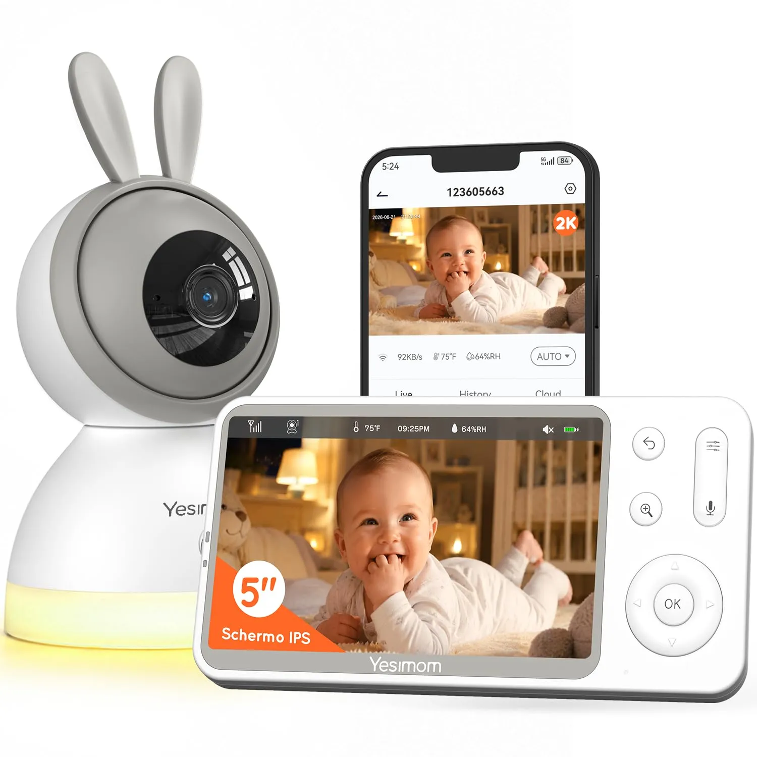 YESIMOM Baby Monitor 2K con Monitor 5'' IPS, App Mobile, 360° PTZ, Batteria 3000mAh, AI Intelligente - immagine 1