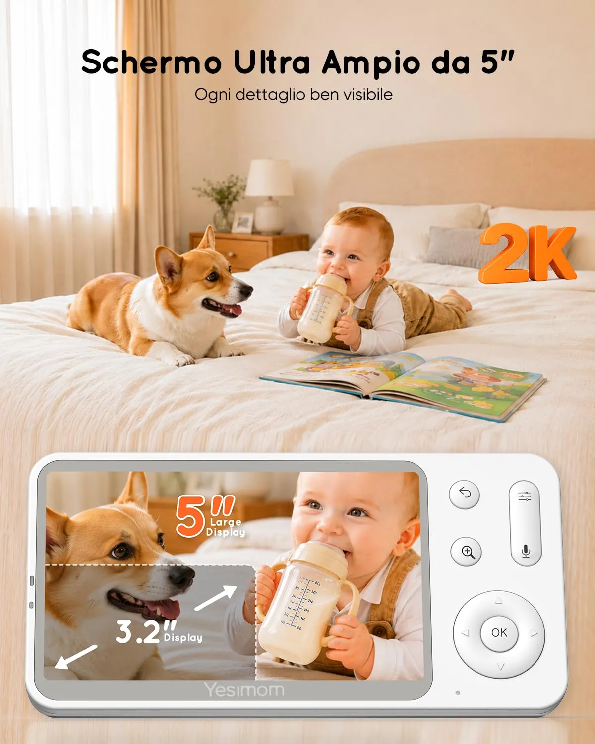 YESIMOM Baby Monitor 2K con Monitor 5'' IPS, App Mobile, 360° PTZ, Batteria 3000mAh, AI Intelligente - immagine 2