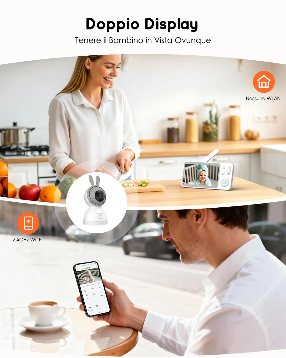 YESIMOM Baby Monitor 2K con Monitor 5'' IPS, App Mobile, 360° PTZ, Batteria 3000mAh, AI Intelligente - immagine 3