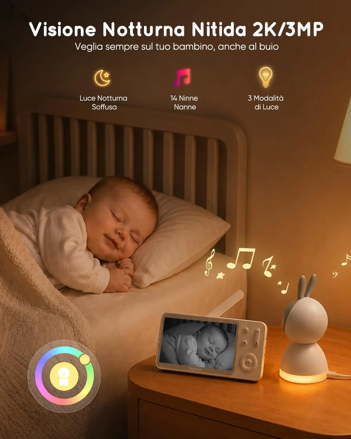 YESIMOM Baby Monitor 2K con Monitor 5'' IPS, App Mobile, 360° PTZ, Batteria 3000mAh, AI Intelligente - immagine 4