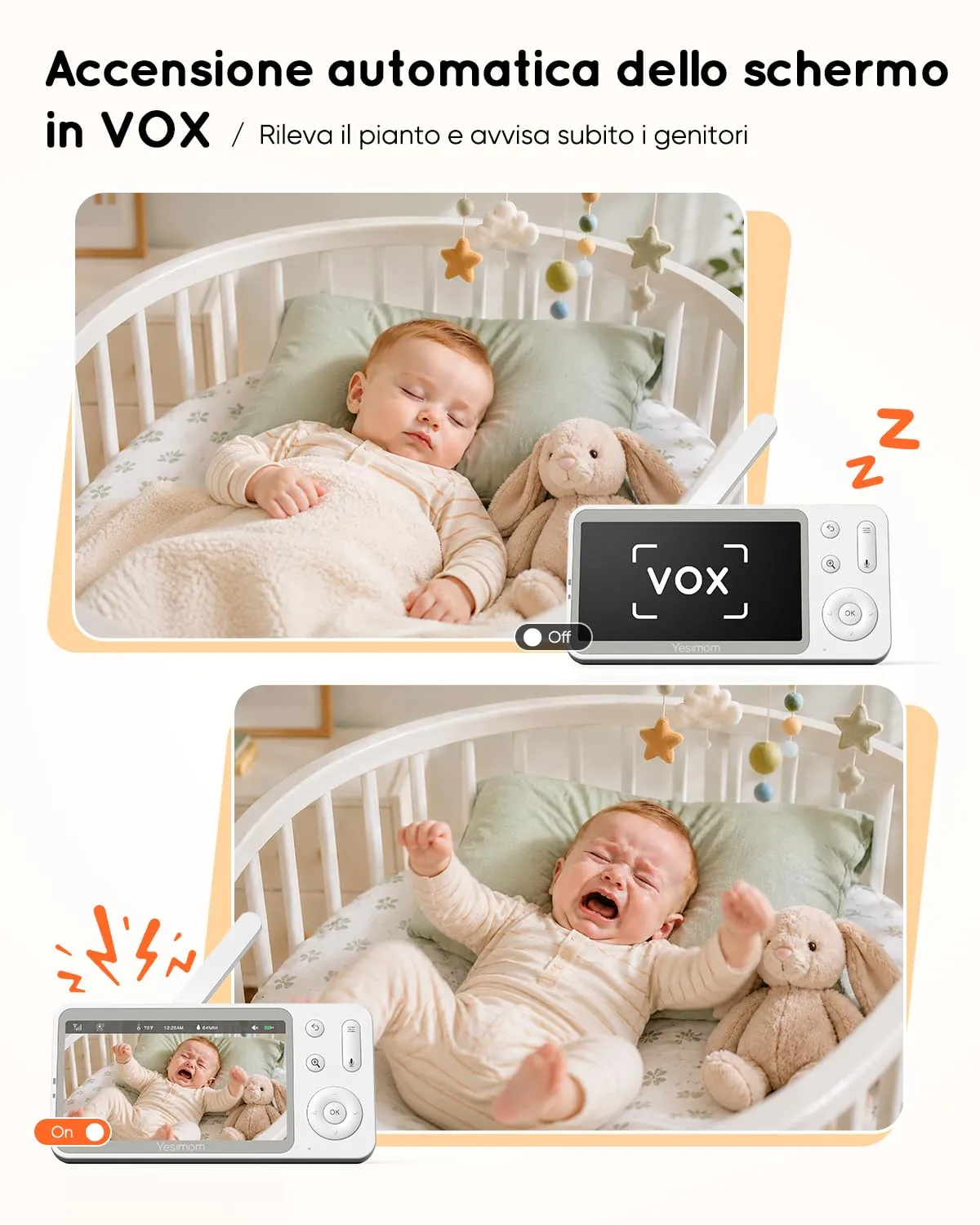 YESIMOM Baby Monitor 2K con Monitor 5'' IPS, App Mobile, 360° PTZ, Batteria 3000mAh, AI Intelligente - immagine 5