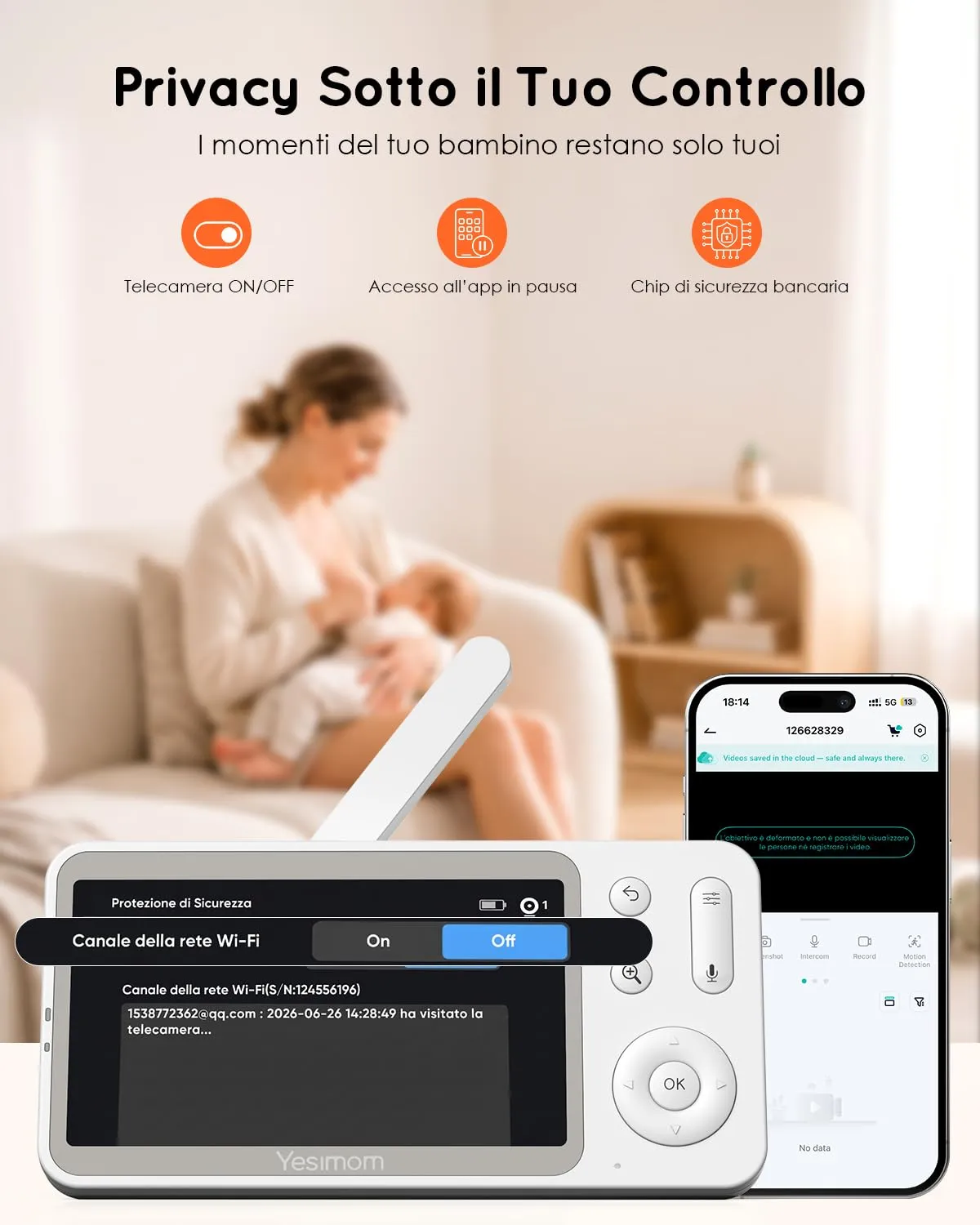 YESIMOM Baby Monitor 2K con Monitor 5'' IPS, App Mobile, 360° PTZ, Batteria 3000mAh, AI Intelligente - immagine 6