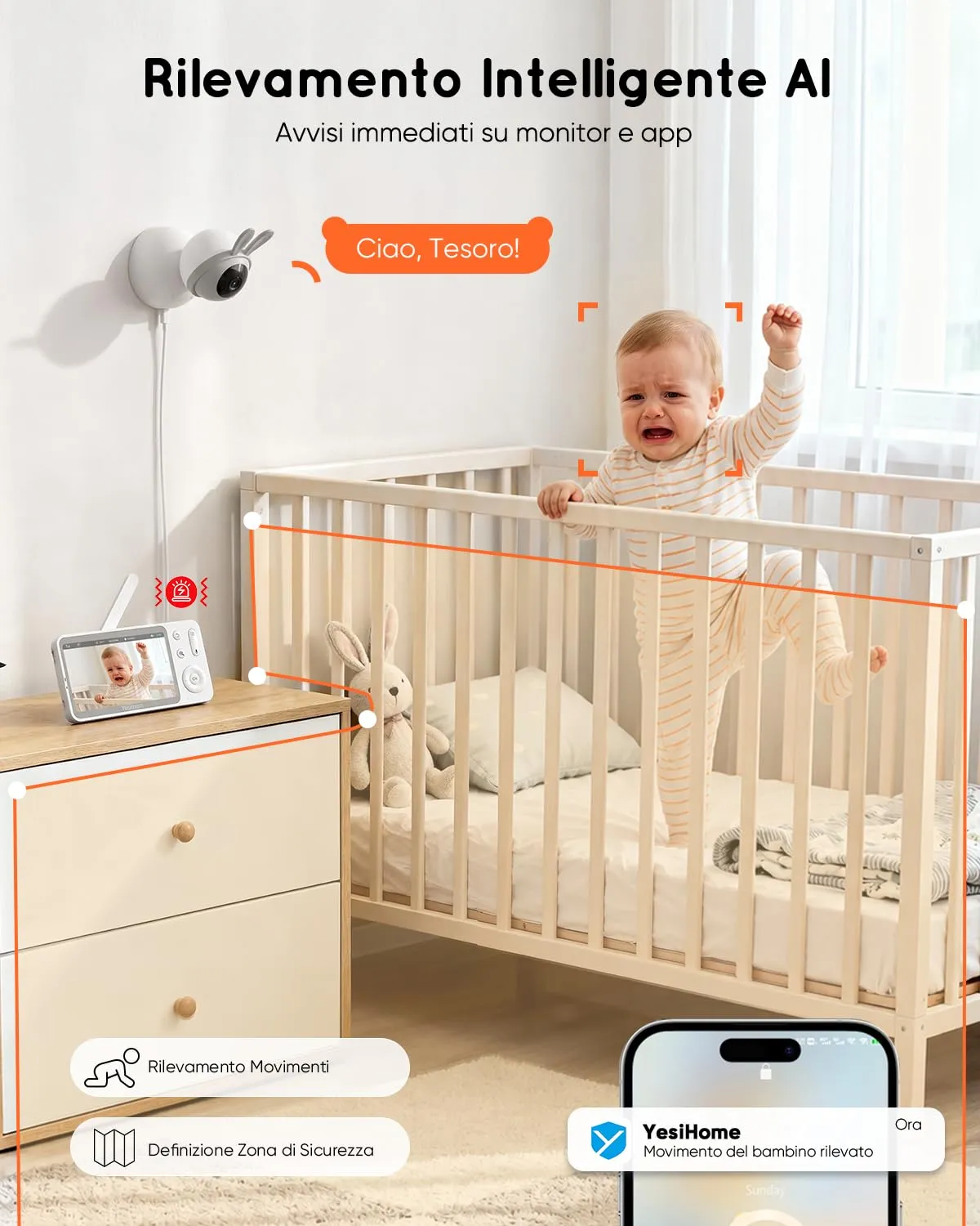 YESIMOM Baby Monitor 2K con Monitor 5'' IPS, App Mobile, 360° PTZ, Batteria 3000mAh, AI Intelligente - immagine 7