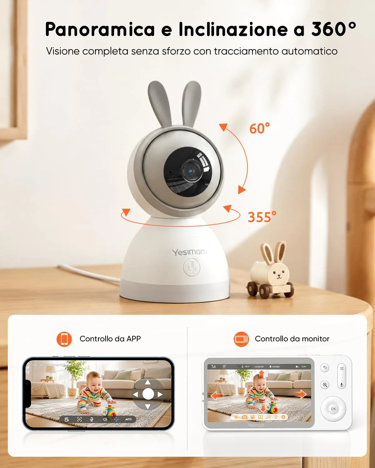 YESIMOM Baby Monitor 2K con Monitor 5'' IPS, App Mobile, 360° PTZ, Batteria 3000mAh, AI Intelligente - immagine 8