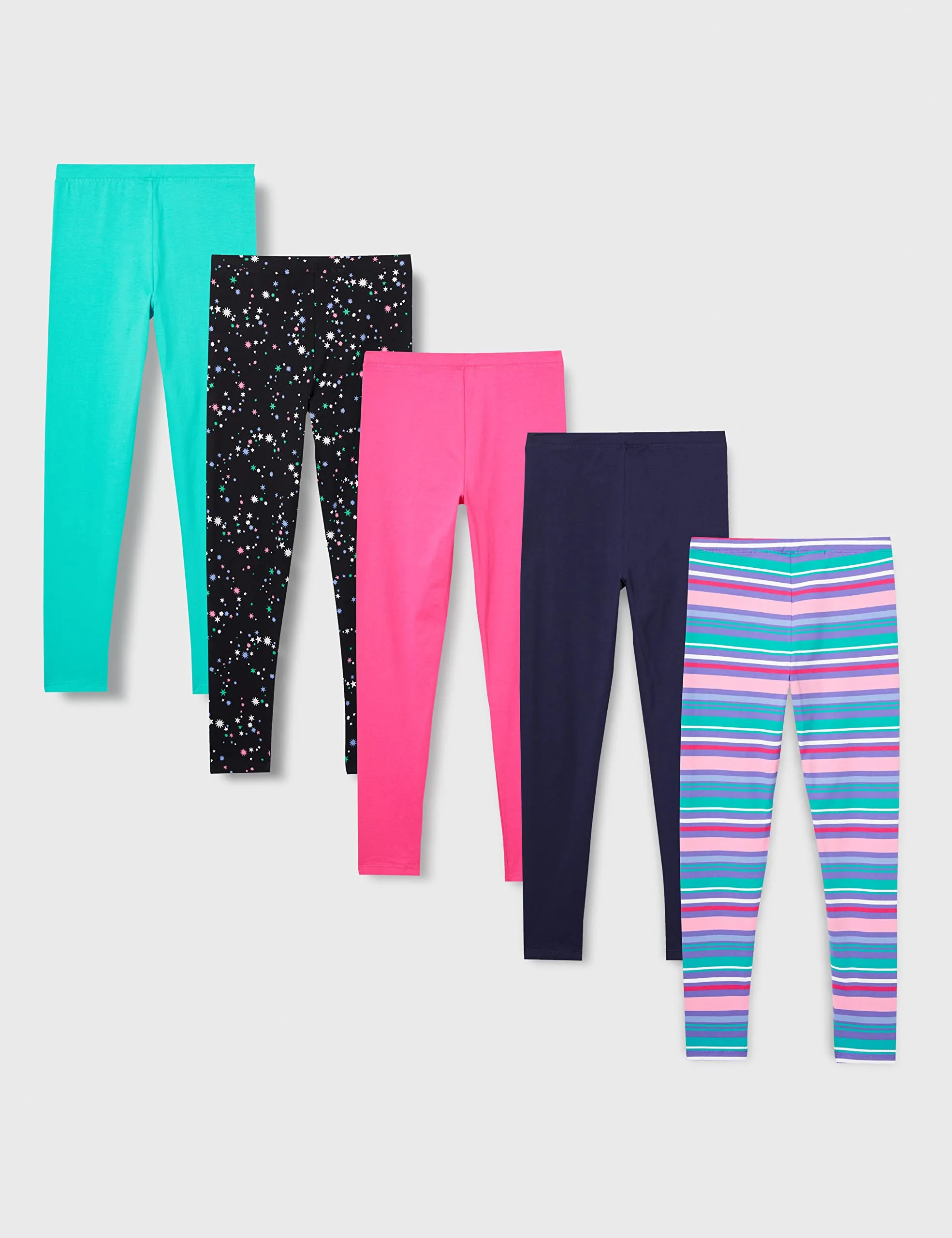 Amazon Essentials Leggings Bambine e Ragazze, Pacco da 5, Blu Marino/Nero Stelle/Righe/Rosa/Verde Acqua, 11-12 anni - immagine 4