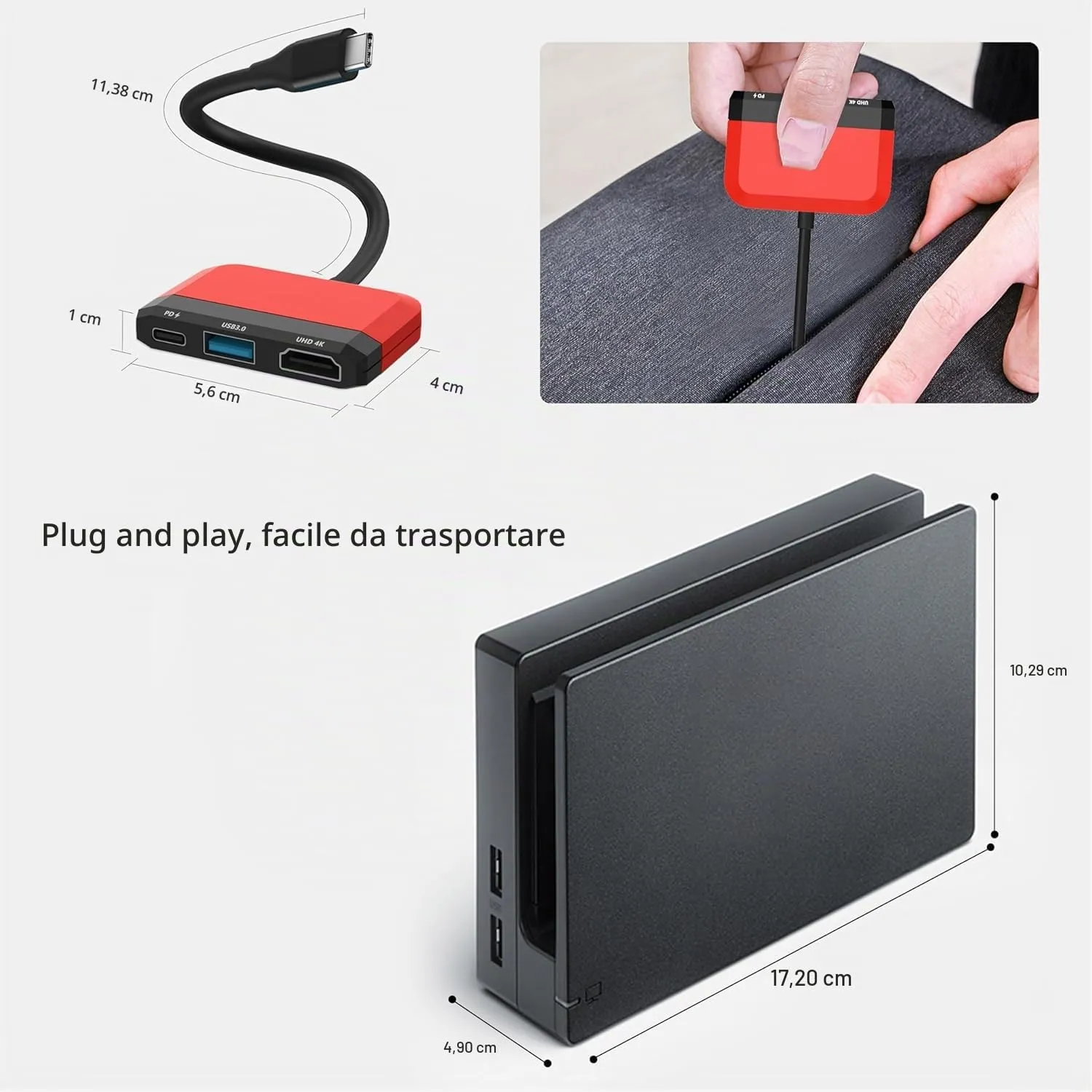 GKEAPZA Switch Dock per Nintendo Switch e OLED, Adattatore TV 3 in 1 con 4K HDMI, USB 3.0, Type C 100W PD, Rosso - immagine 4