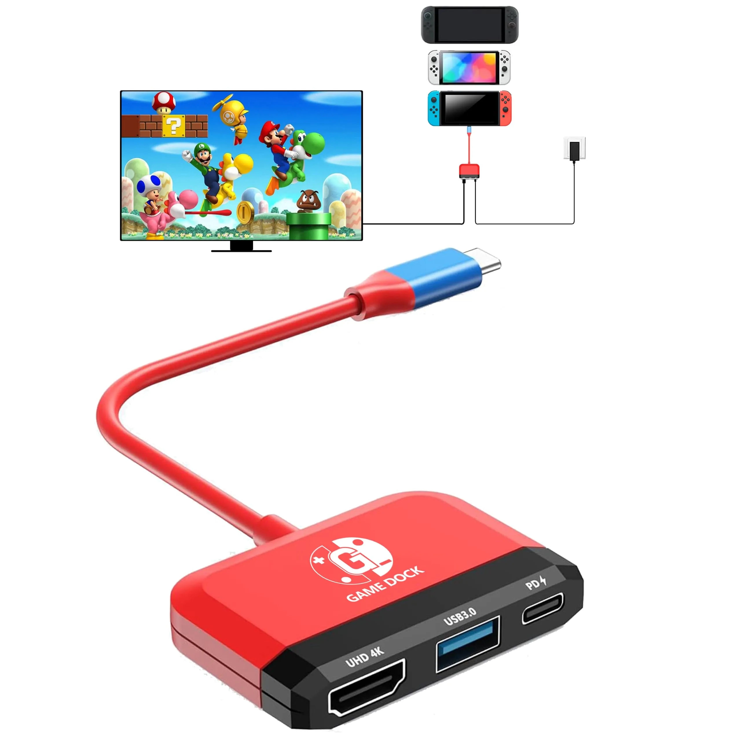 GKEAPZA Switch Dock per Nintendo Switch e OLED, Adattatore TV 3 in 1 con HDMI 4K, USB 3.0, Type C 100W PD, Docking Station Portatile (Rosso e Nero) - immagine 1