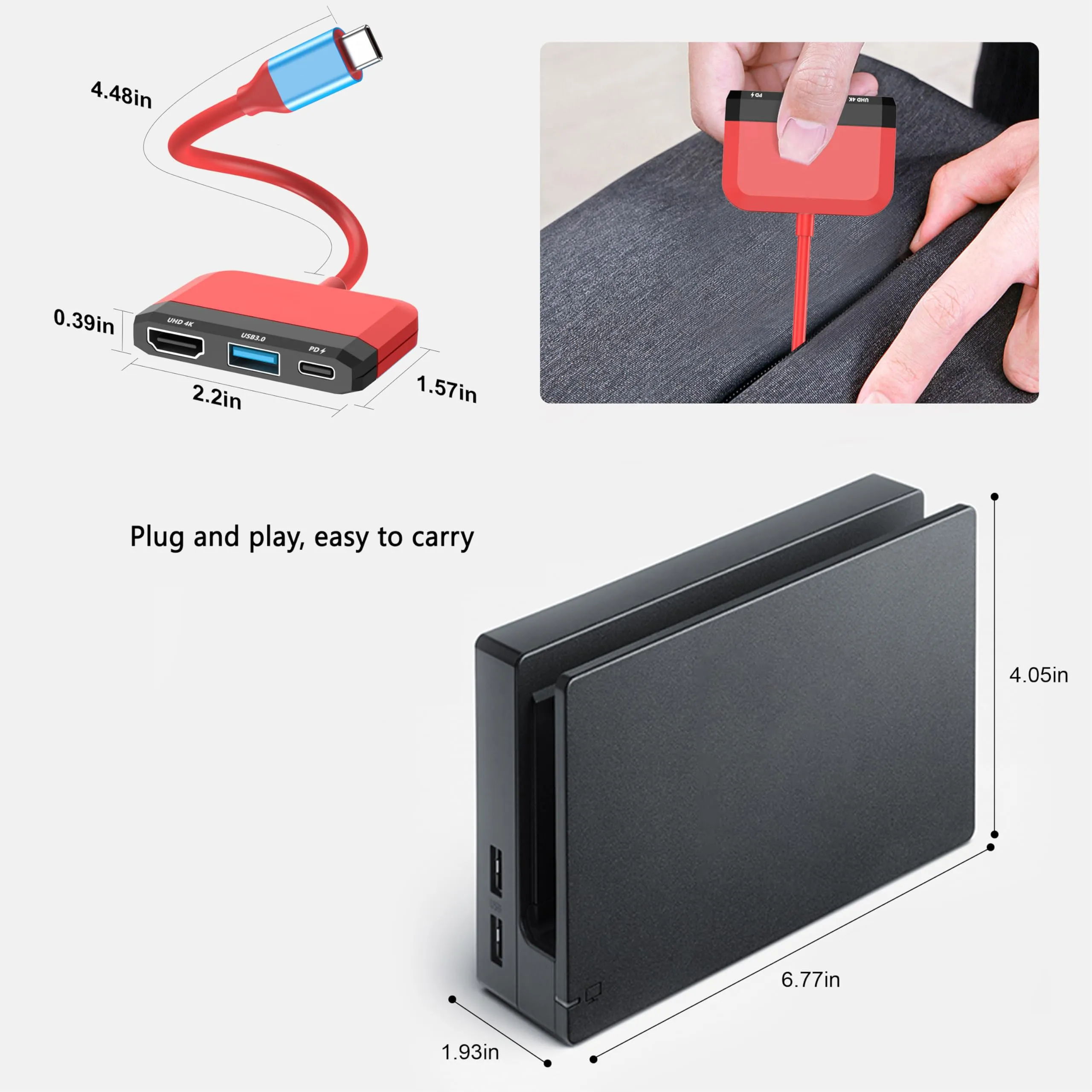 GKEAPZA Switch Dock per Nintendo Switch e OLED, Adattatore TV 3 in 1 con HDMI 4K, USB 3.0, Type C 100W PD, Docking Station Portatile (Rosso e Nero) - immagine 4