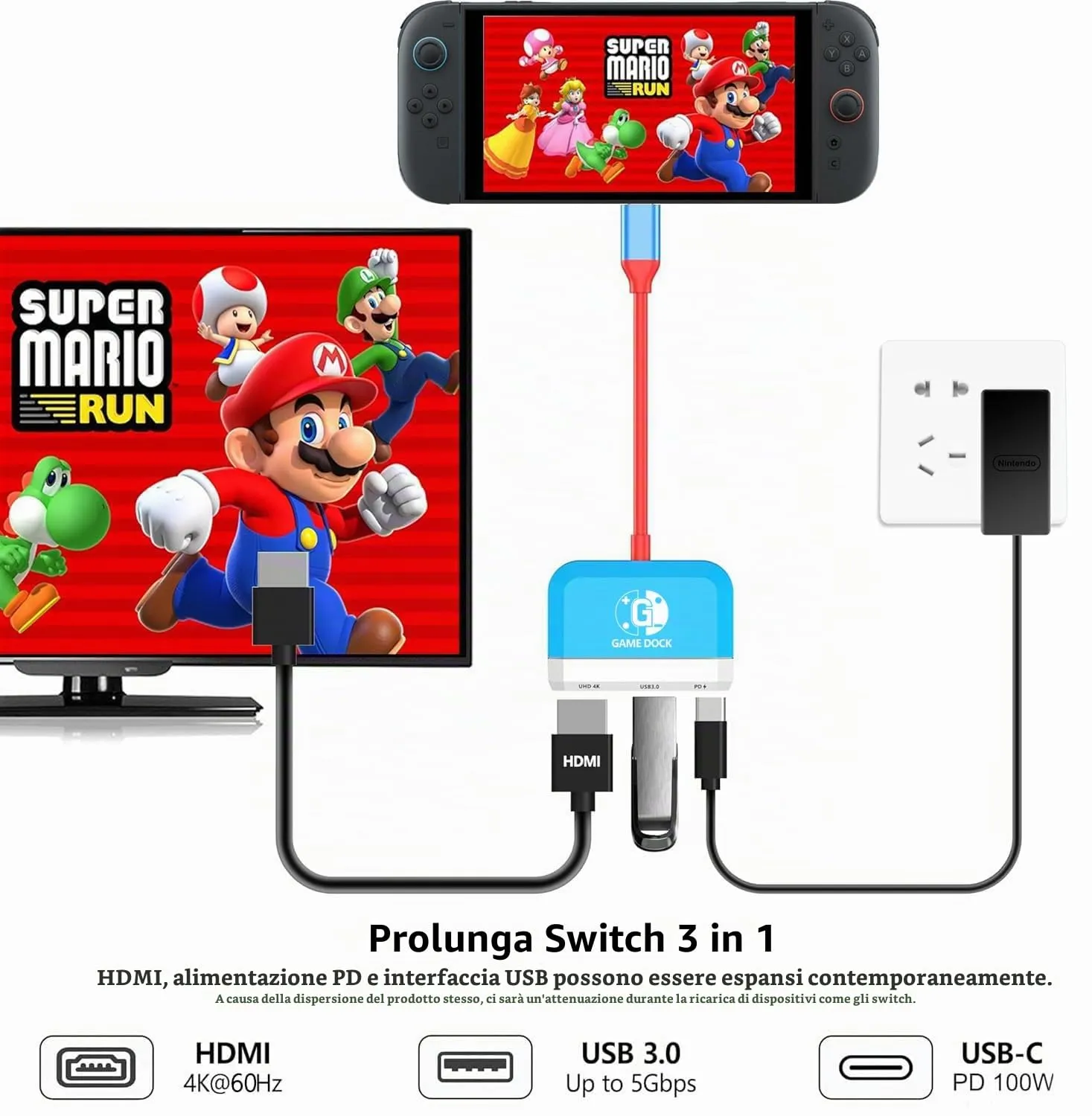 GKEAPZA Switch Dock per Nintendo Switch e Switch OLED, Adattatore TV 3 in 1 con 4K HDMI, USB 3.0, Type C 100W PD, Docking Station Portatile (blu e bianco) - immagine 2