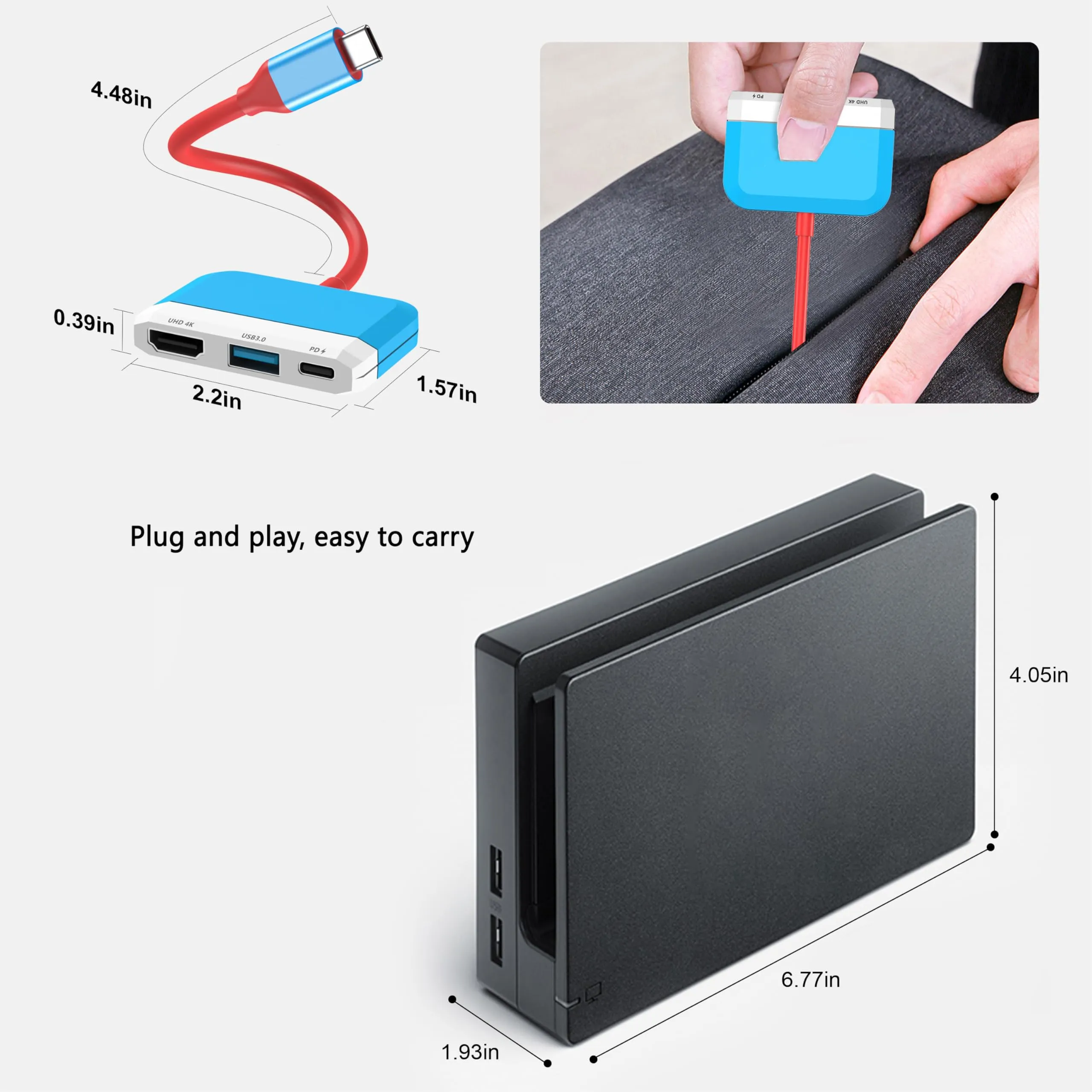 GKEAPZA Switch Dock per Nintendo Switch e Switch OLED, Adattatore TV 3 in 1 con 4K HDMI, USB 3.0, Type C 100W PD, Docking Station Portatile (blu e bianco) - immagine 4