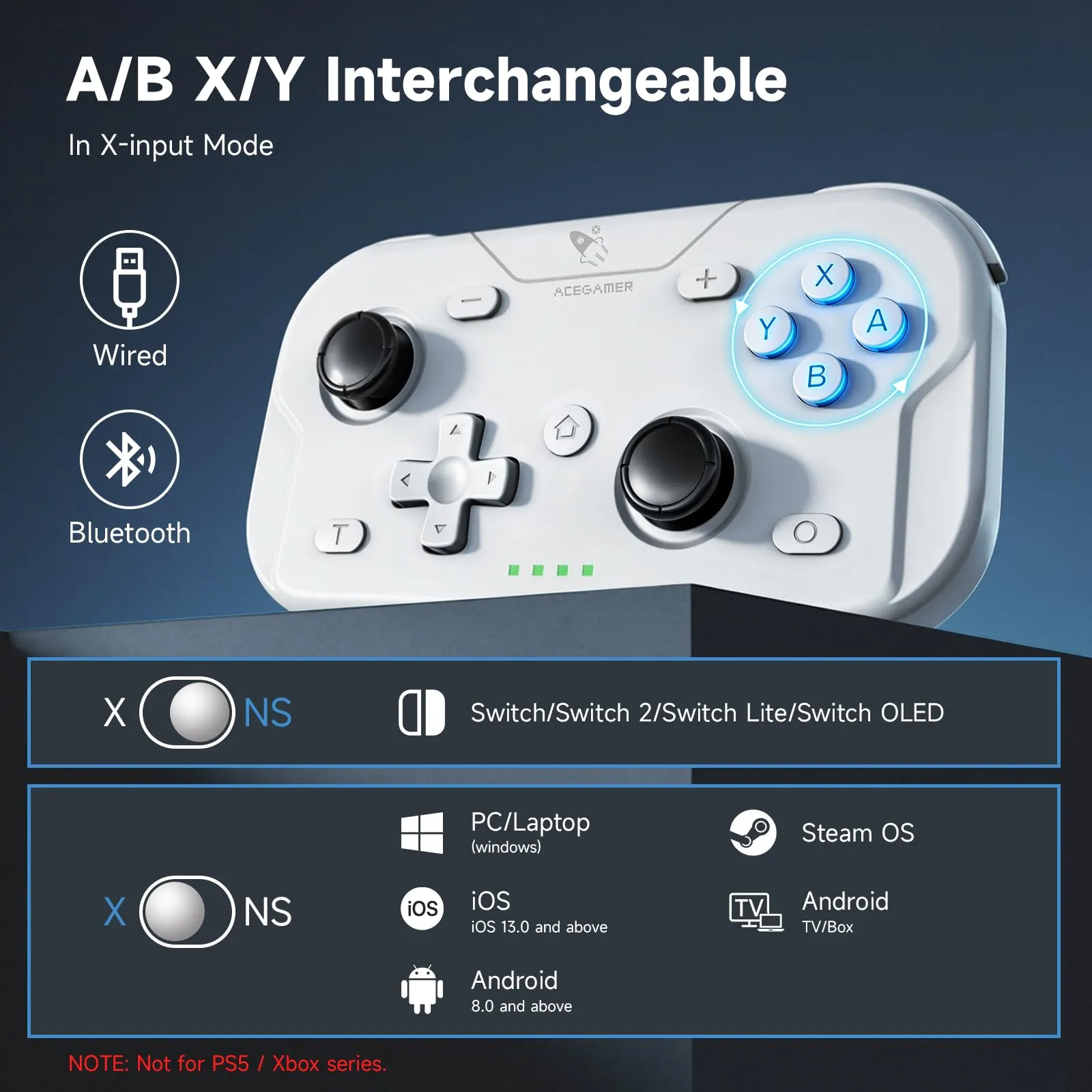 AceGamer Pocket Controller Wireless for Switch 2, Switch, PC, iOS, Android - Mini Gamepad with Turbo and 6-Axis Gyroscope (White) - immagine 4