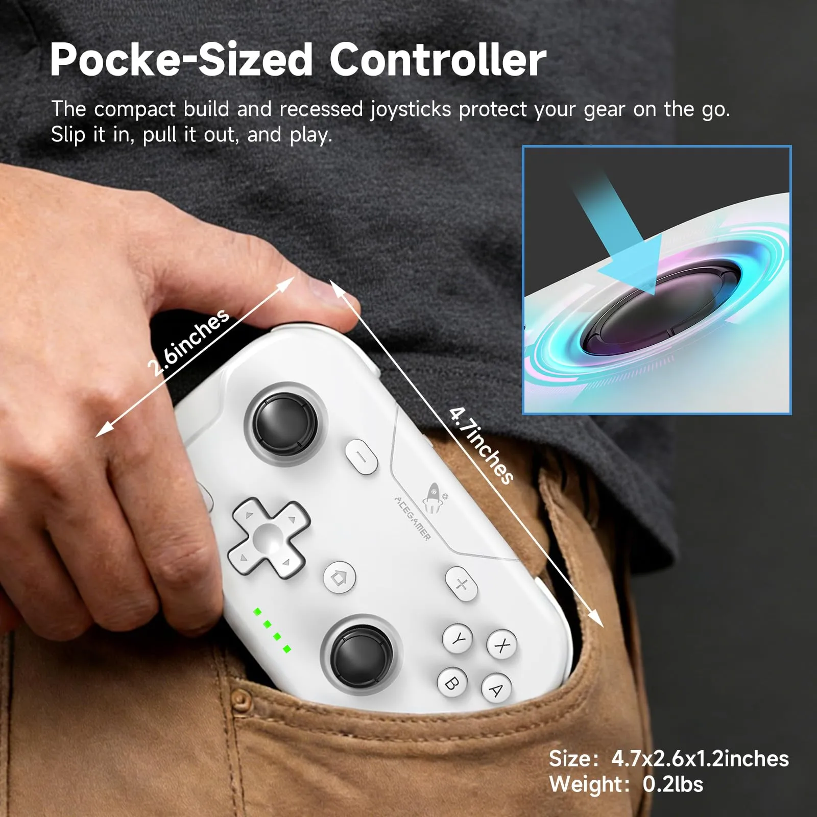 AceGamer Pocket Controller Wireless for Switch 2, Switch, PC, iOS, Android - Mini Gamepad with Turbo and 6-Axis Gyroscope (White) - immagine 7