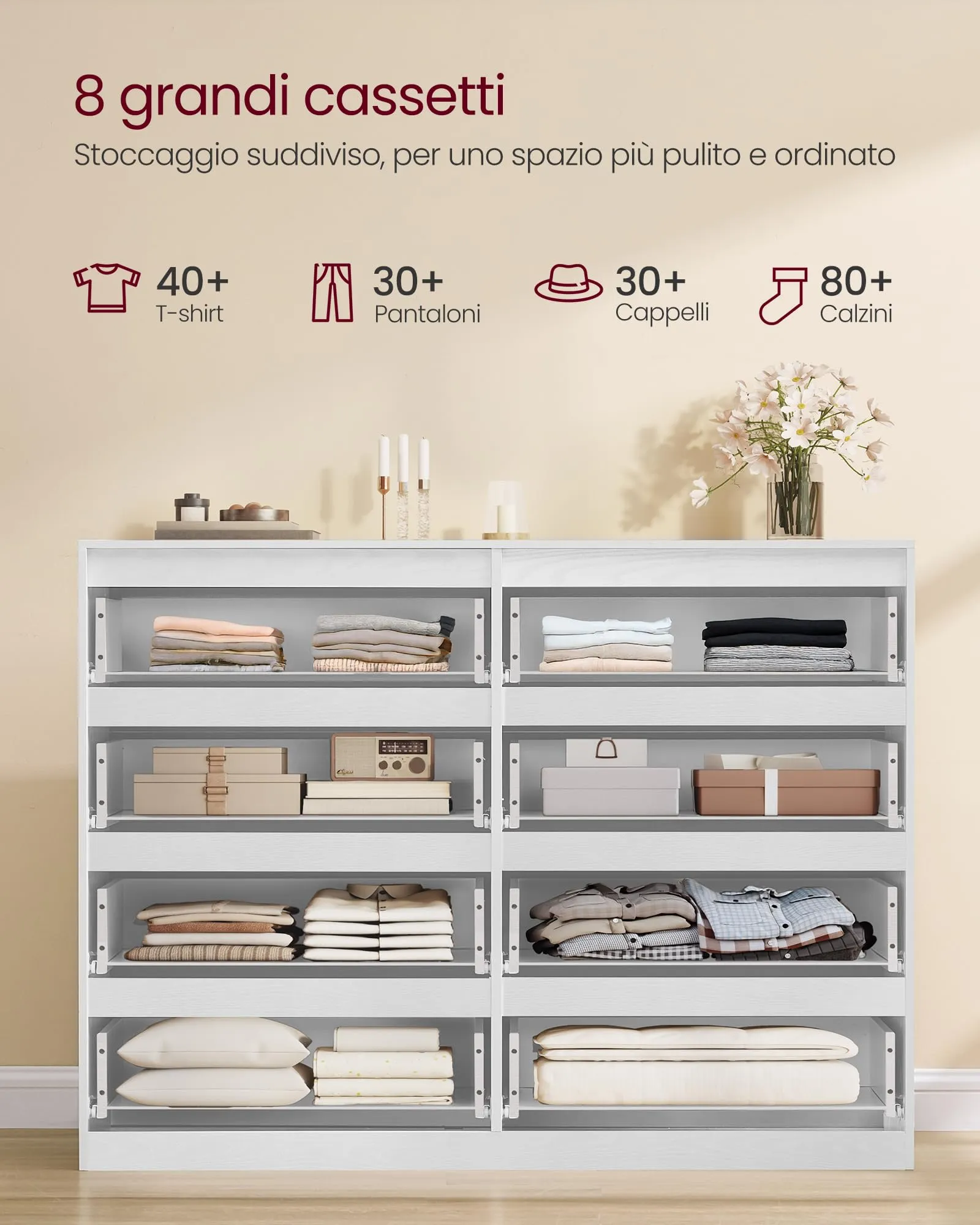 VASAGLE KAILYN Cassettiera con 8 Cassetti, 40 x 119,4 x 97,5 cm, Bianco LTS618WE01 - immagine 3