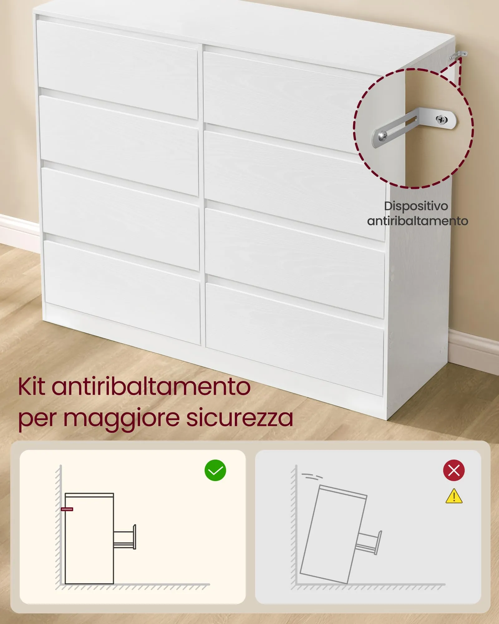 VASAGLE KAILYN Cassettiera con 8 Cassetti, 40 x 119,4 x 97,5 cm, Bianco LTS618WE01 - immagine 4