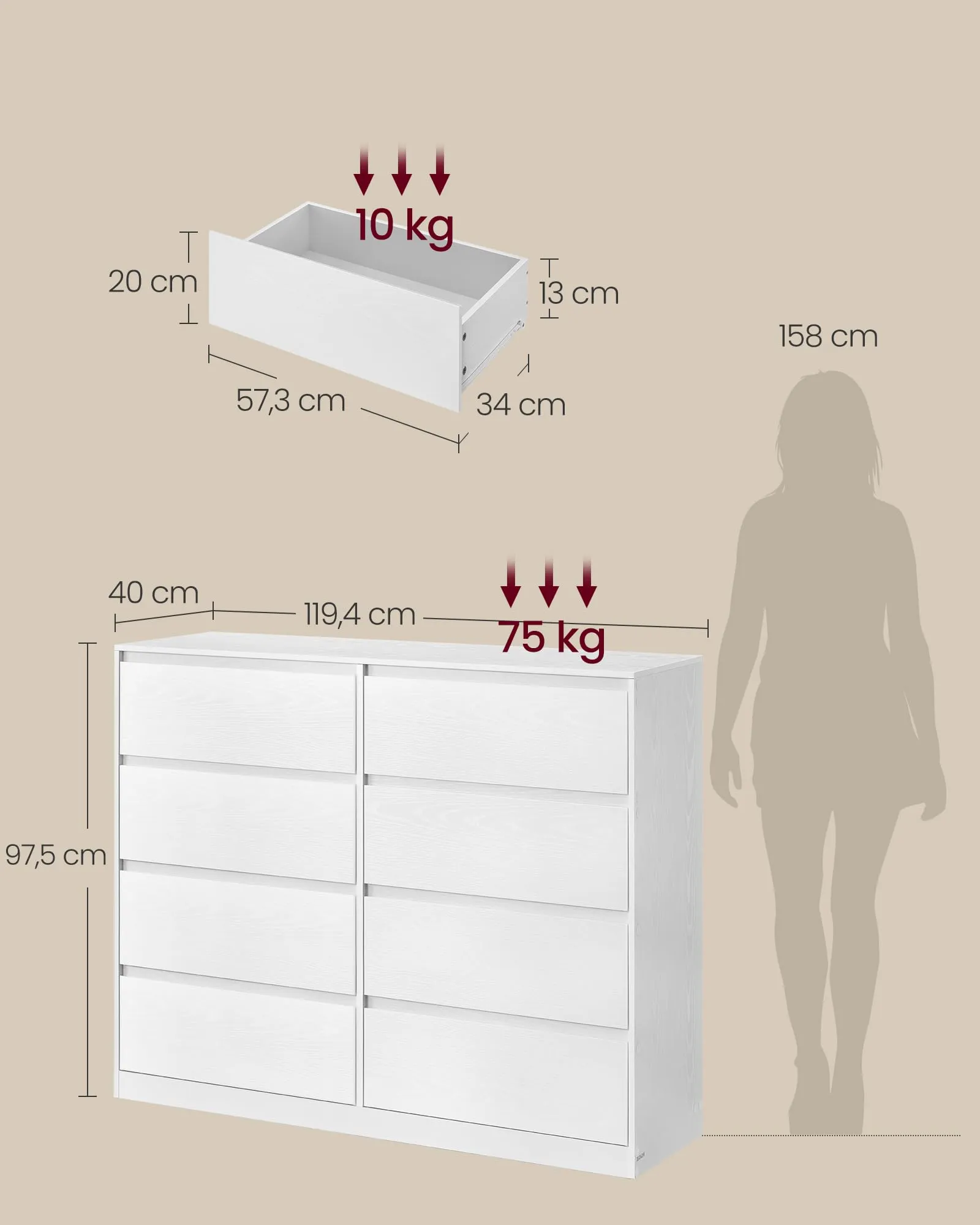 VASAGLE KAILYN Cassettiera con 8 Cassetti, 40 x 119,4 x 97,5 cm, Bianco LTS618WE01 - immagine 5