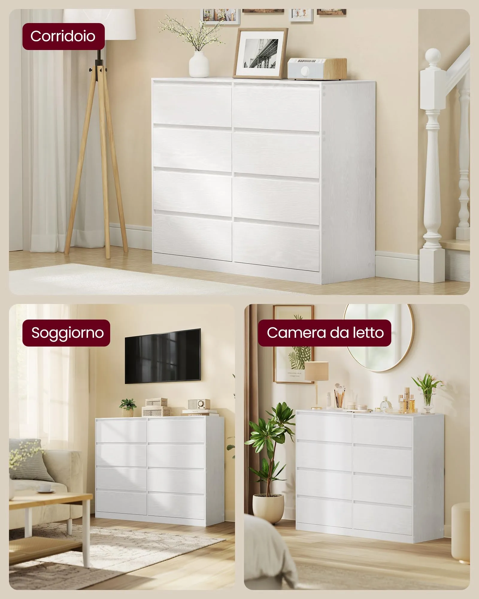 VASAGLE KAILYN Cassettiera con 8 Cassetti, 40 x 119,4 x 97,5 cm, Bianco LTS618WE01 - immagine 6